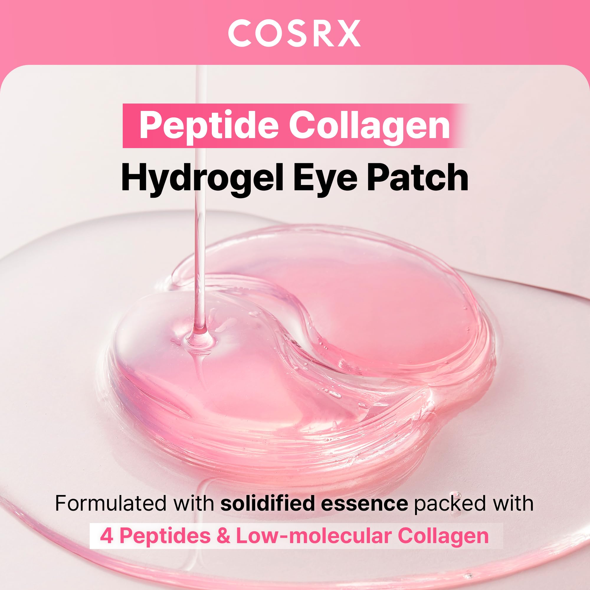 COSRX Pink Peptide Collagen Hydrogel Eye Patches - Reduces Puffiness & Fine Lines | 60 Count