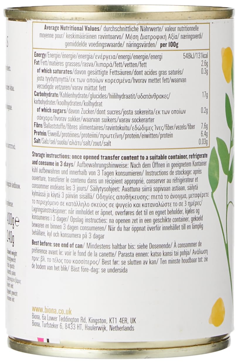Biona Organic Chick Peas 4 x 400g - Vegan, No Added Salt, Source of Fibre & Protein