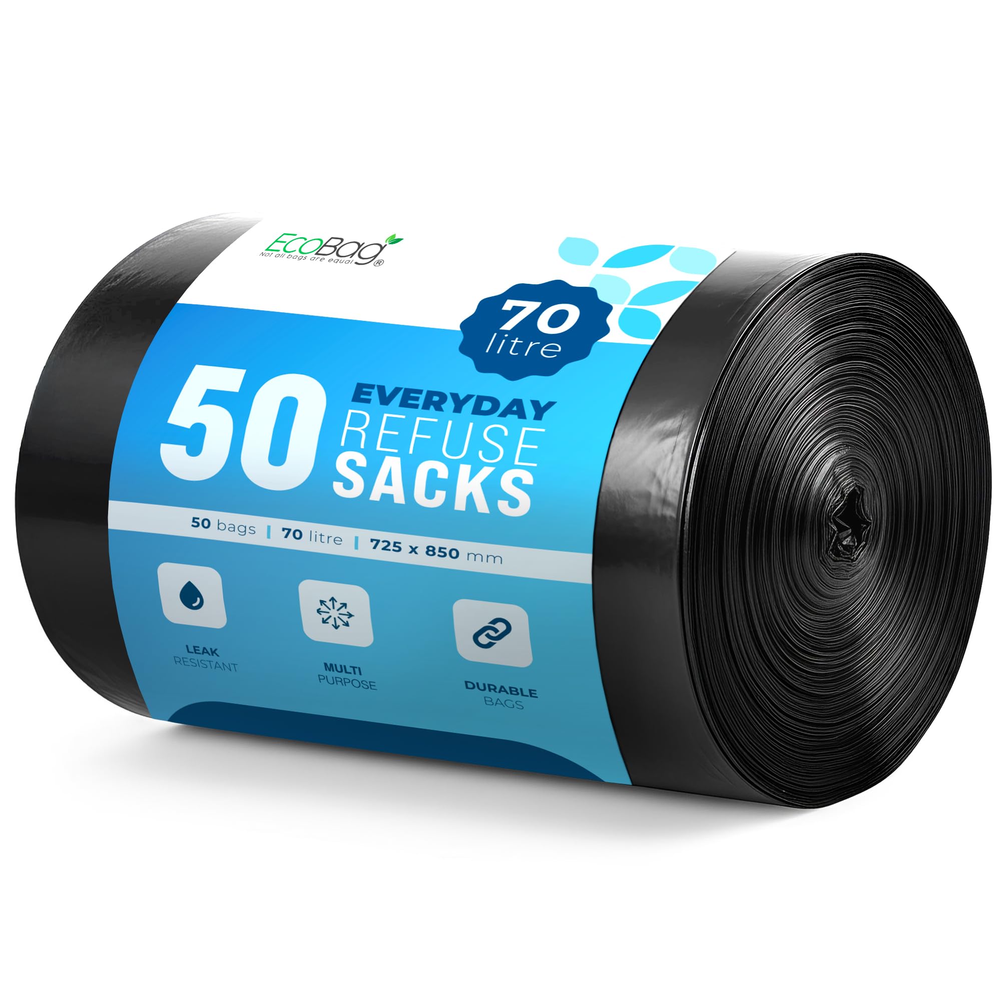 EcoBag Refuse Sacks - 70L Everyday (30µm) Heavy Duty Recyclable Bin Liners, 50 Count 1