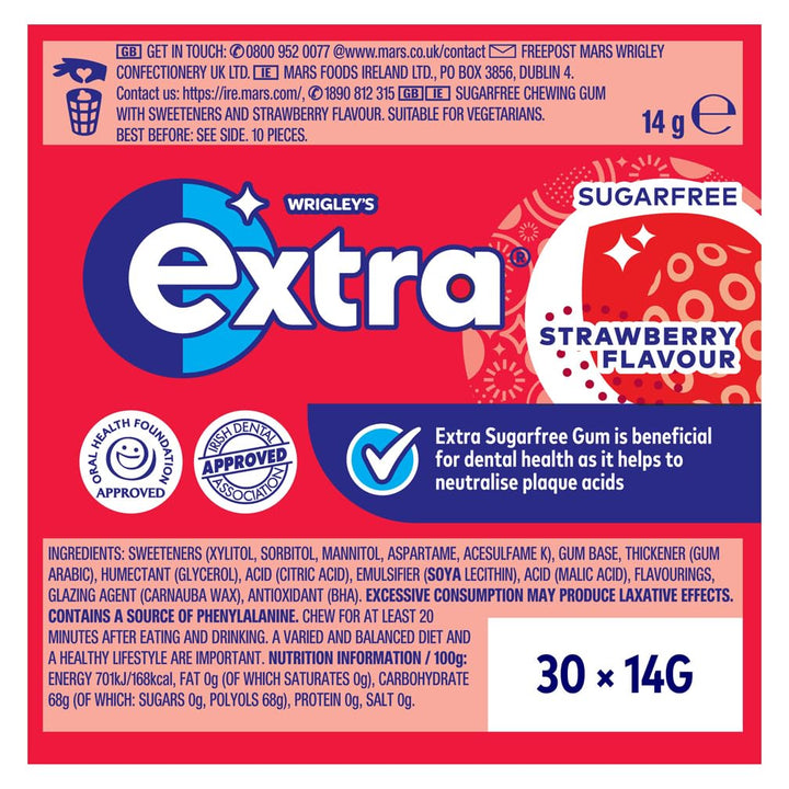 Extra - Strawberry Flavour Sugar Free Chewing Gum, 30 Packs (300 Pieces) with Xylitol