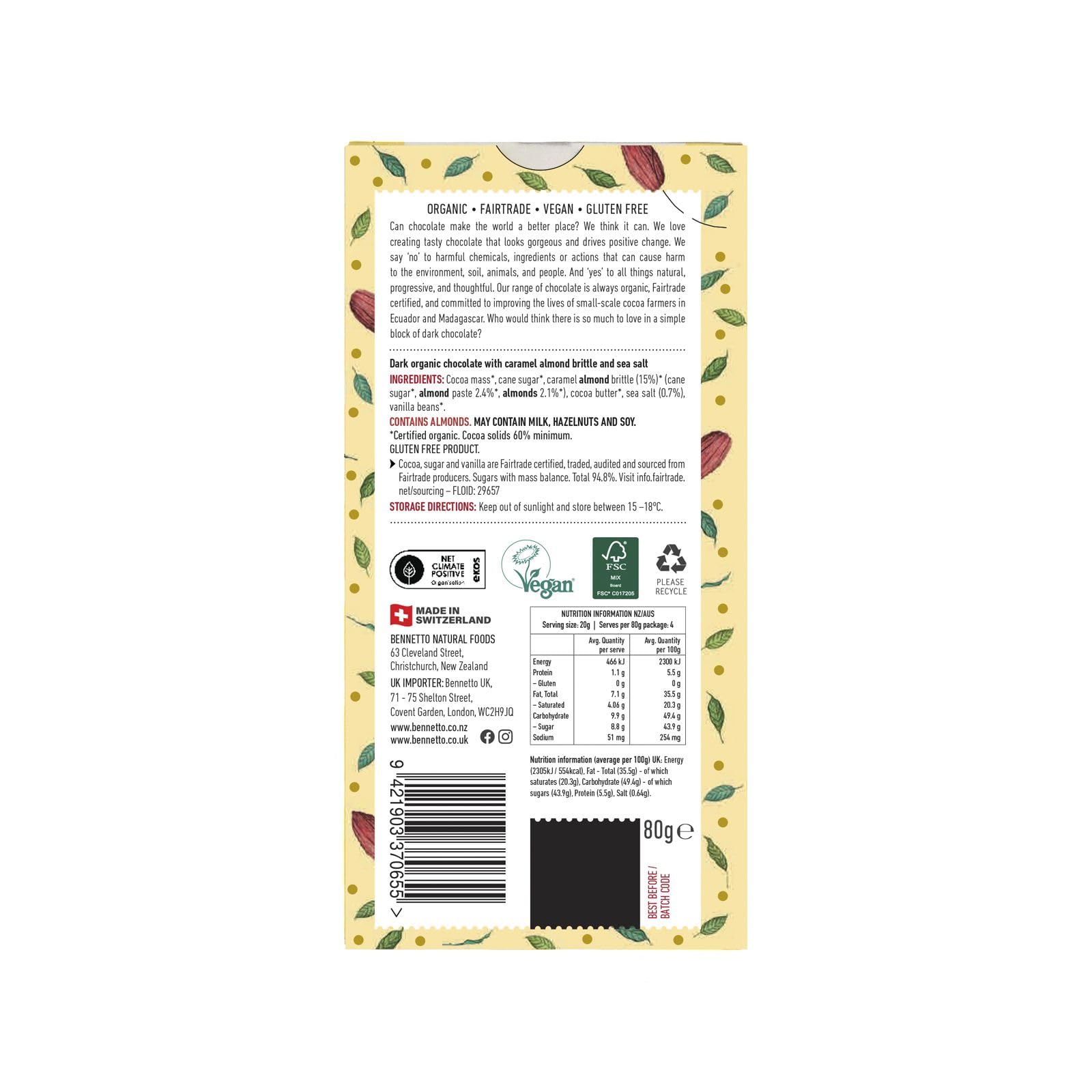 Bennetto Dark Salted Caramel Chocolate Bar - Organic Fairtrade Vegan Dark Chocolate with Sea Salt, 80g 2