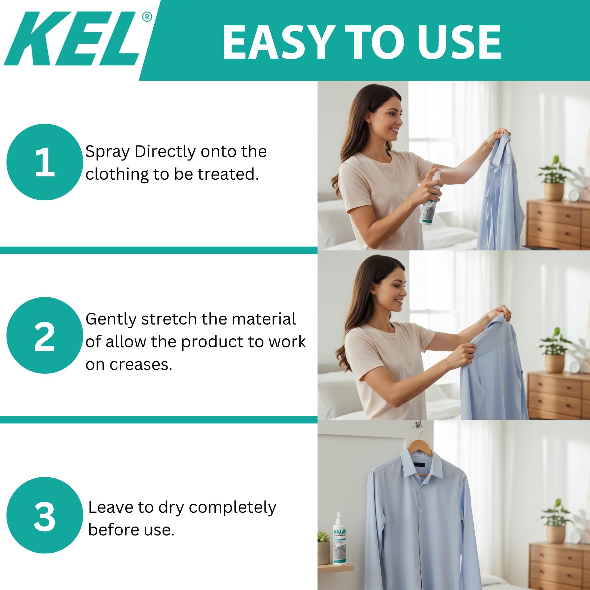 KEL Crease Release Spray - Instant Wrinkle & Odour Remover, Cotton Fresh Scent, 250ml 7