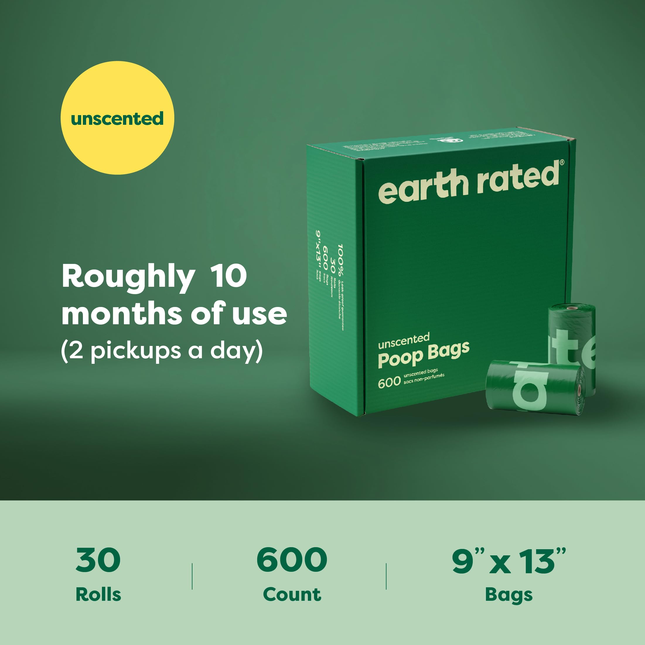 Earth Rated Dog Poo Bags Value Pack - 600 Unscented, Leak-Proof Bags | Green 7