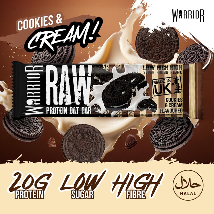 Warrior Raw Protein Bars - 12 x 75g Cookies & Cream High Protein Oat Flapjacks - Low Sugar, High Fibre - UK Made