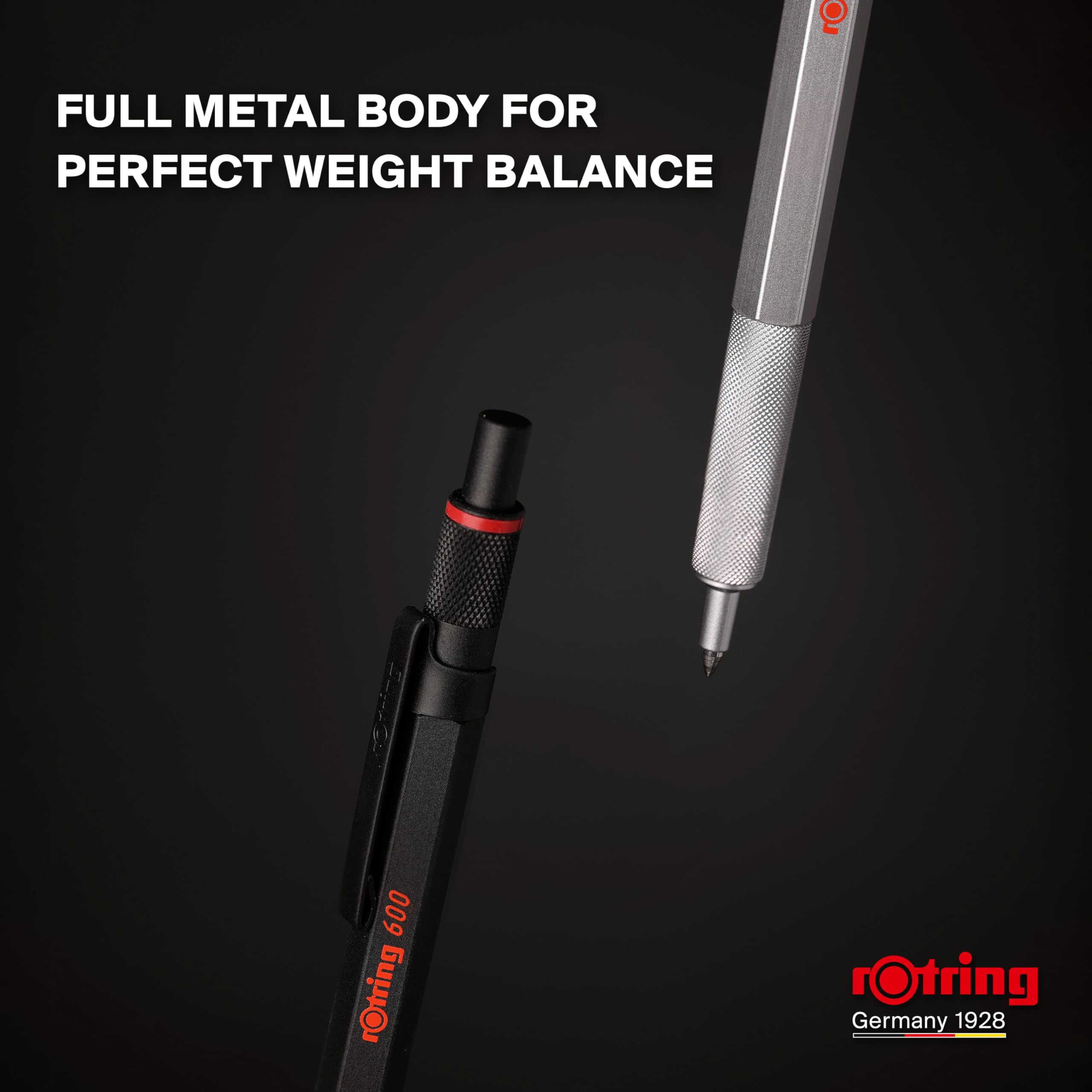 rOtring 600 Gel Pen | 0.55 mm | Black Ink | Black Metal Body Pen | Non-Slip Knurled Grip & Hexagonal Barrel | Refillable