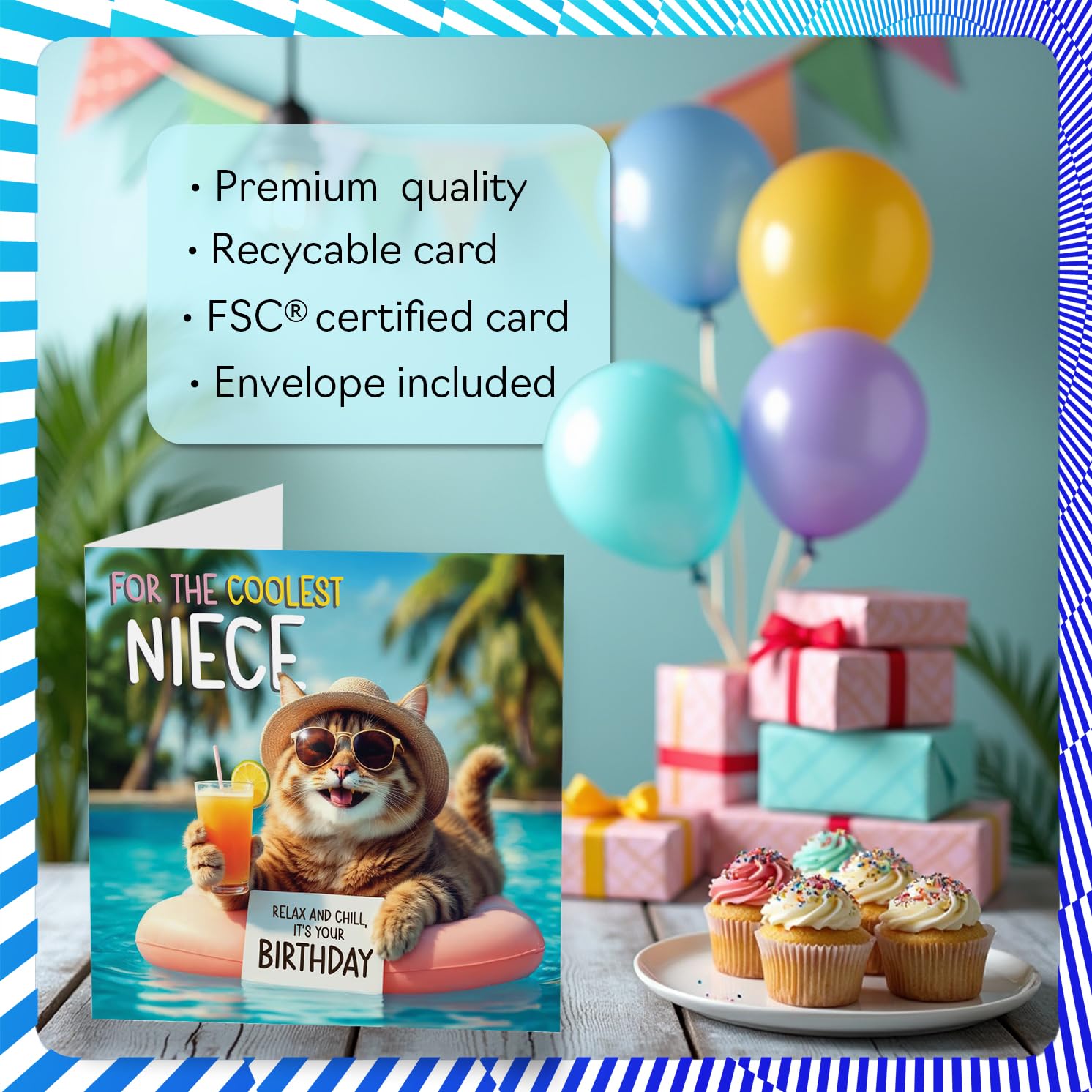 Stuff4 Niece Birthday Card - Pool Cat Design | 145mm x 145mm | Uncoated Interior 3