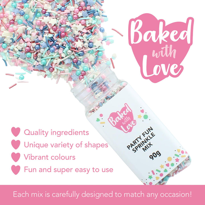 Baked with Love - Party Fun Sprinkles Mix | Blue, Pink & White Edible Cake Decorations | 90g Resealable Bottle