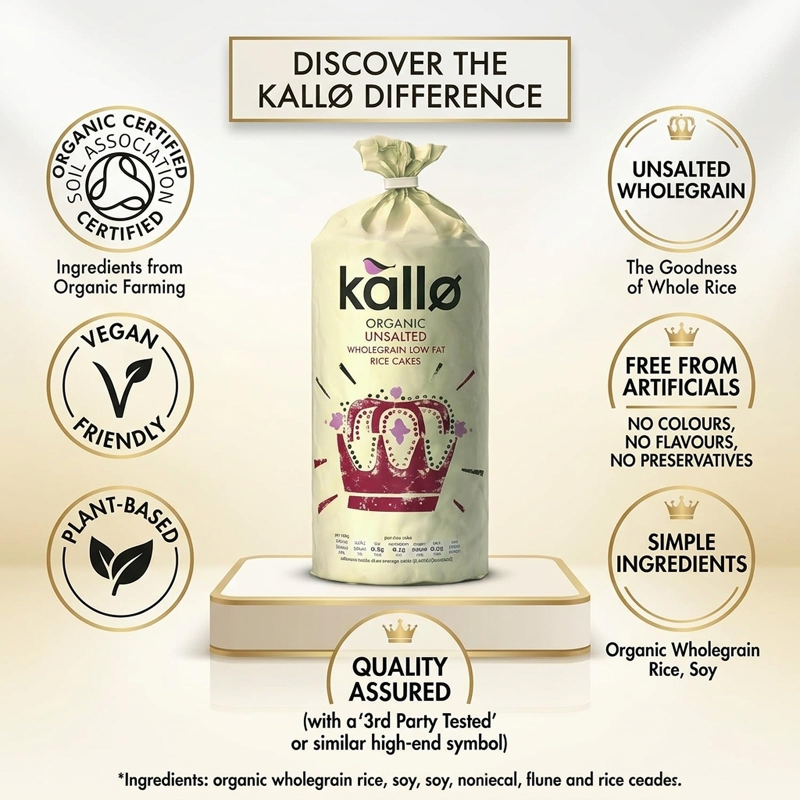 Kallo Organic Unsalted Wholegrain Rice Cakes - 130g Pack of 12 4