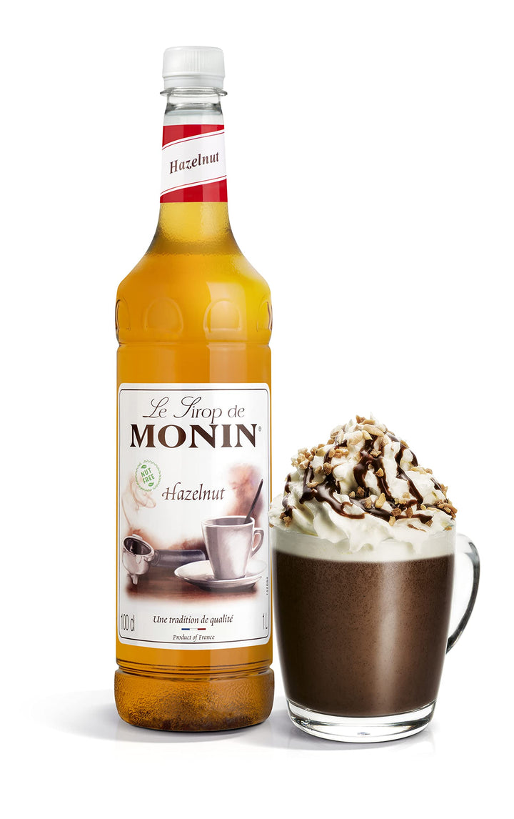 MONIN Premium Hazelnut Nut Free Syrup 1L - Vegan, Halal, Kosher - for Coffee, Cocktails, Frappes