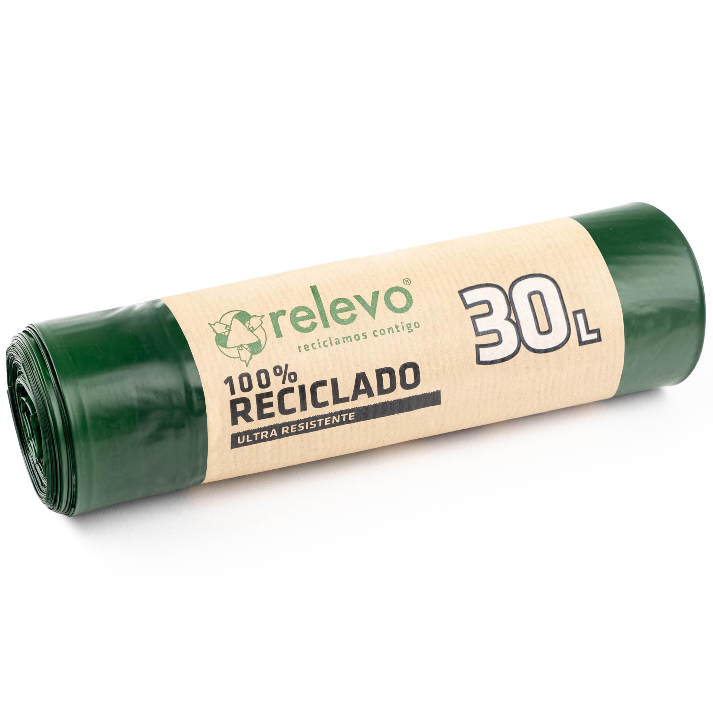 Relevo Green Drawstring Bin Bags - 30L (55 cm W x 60 cm H), 15 Bags | Extra Strong Recycled LDPE Liners