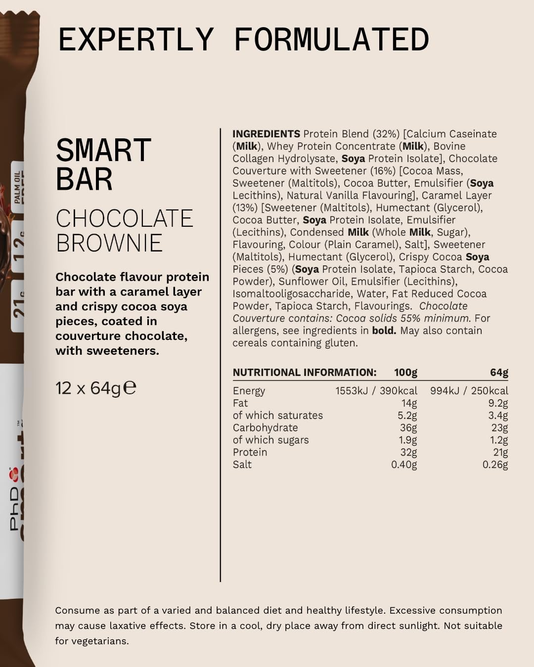 PhD Nutrition Smart Protein Bar Low Calorie, High Protein Low Sugar, Chocolate Brownie Flavour, 21g Protein, 64g Bar (12 Pack) 12
