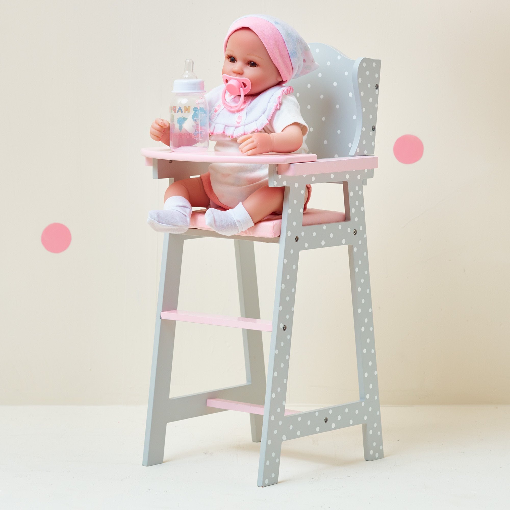 Olivia's Little World Little Princess Pink Polka Dot Wooden Baby Doll High Chair - Doll Furniture for 16-18" Dolls 10