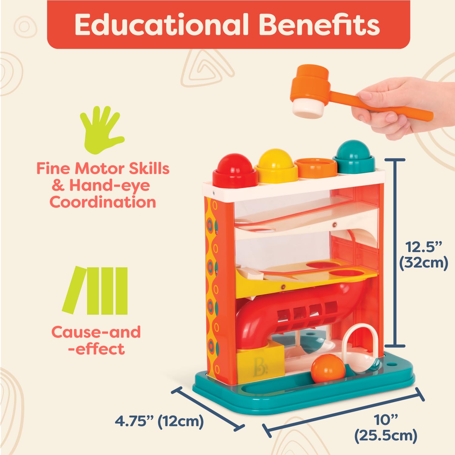 B. toys Whacky Ball - Pounding Toy with 4 Colorful Balls & Hammer for Toddlers 9