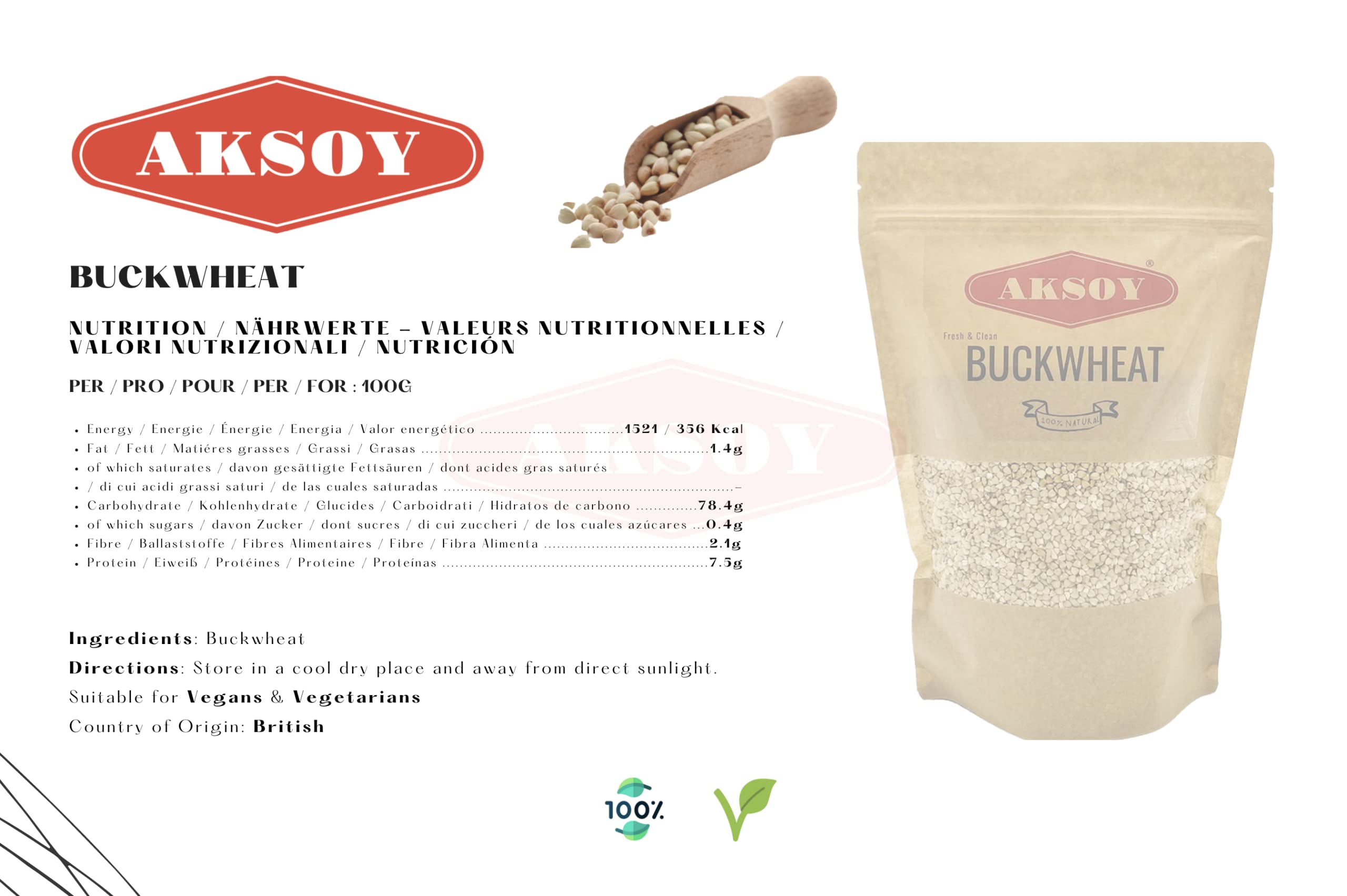 AKSOY Hulled Buckwheat Groats - 1.25kg Raw Vegan Non-GMO Whole Grain Rich in Protein