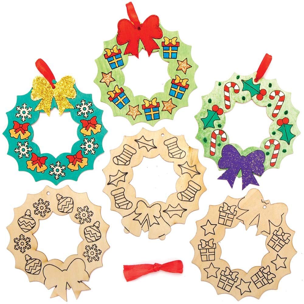 Baker Ross Christmas Wreath Wooden Decorations - Pack of 10, Kids Christmas Craft Kit 5