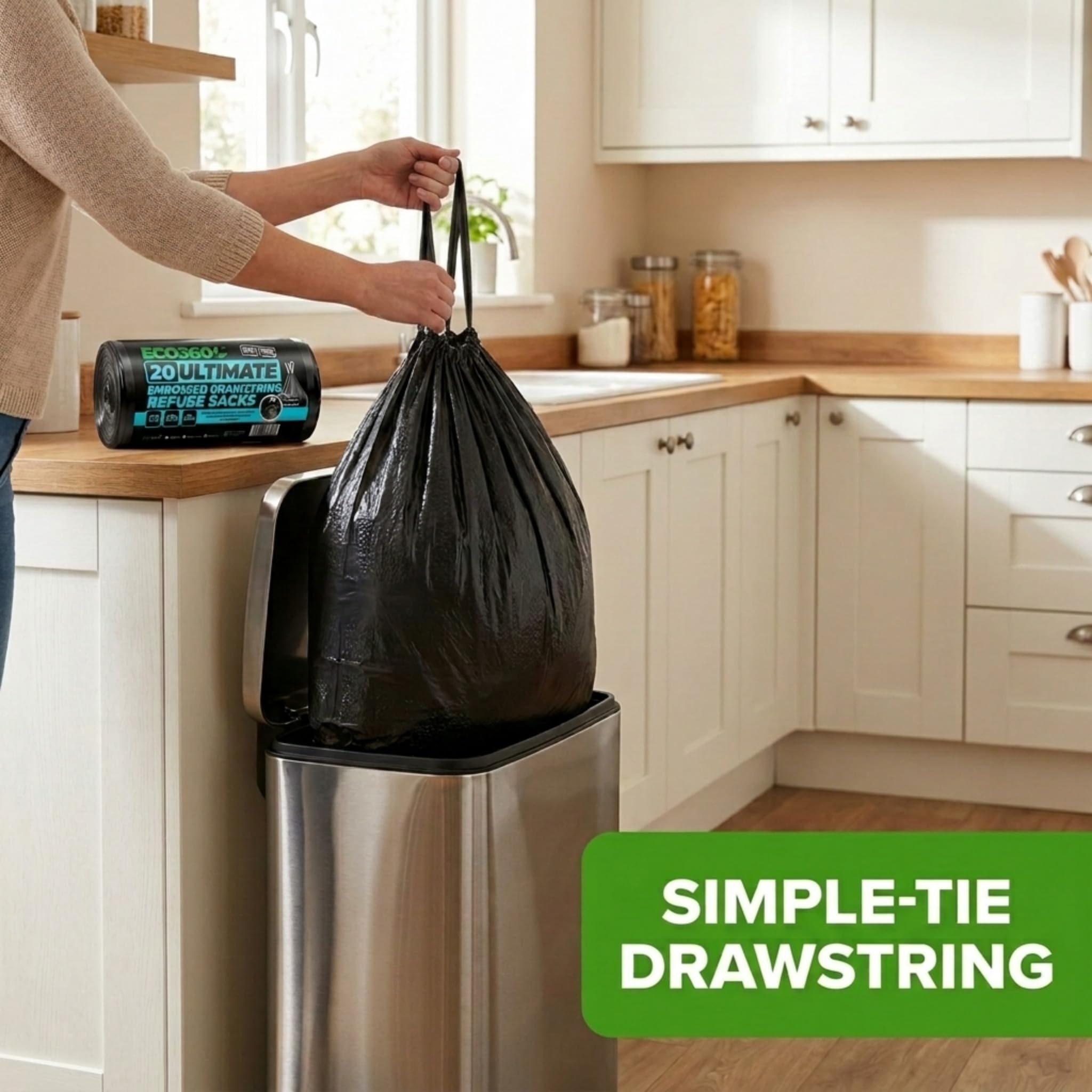 EcoBag Ultimate Embossed Drawstring Bin Liners - 80L Capacity, Heavy Duty, Recycled Material | 10 Count 3