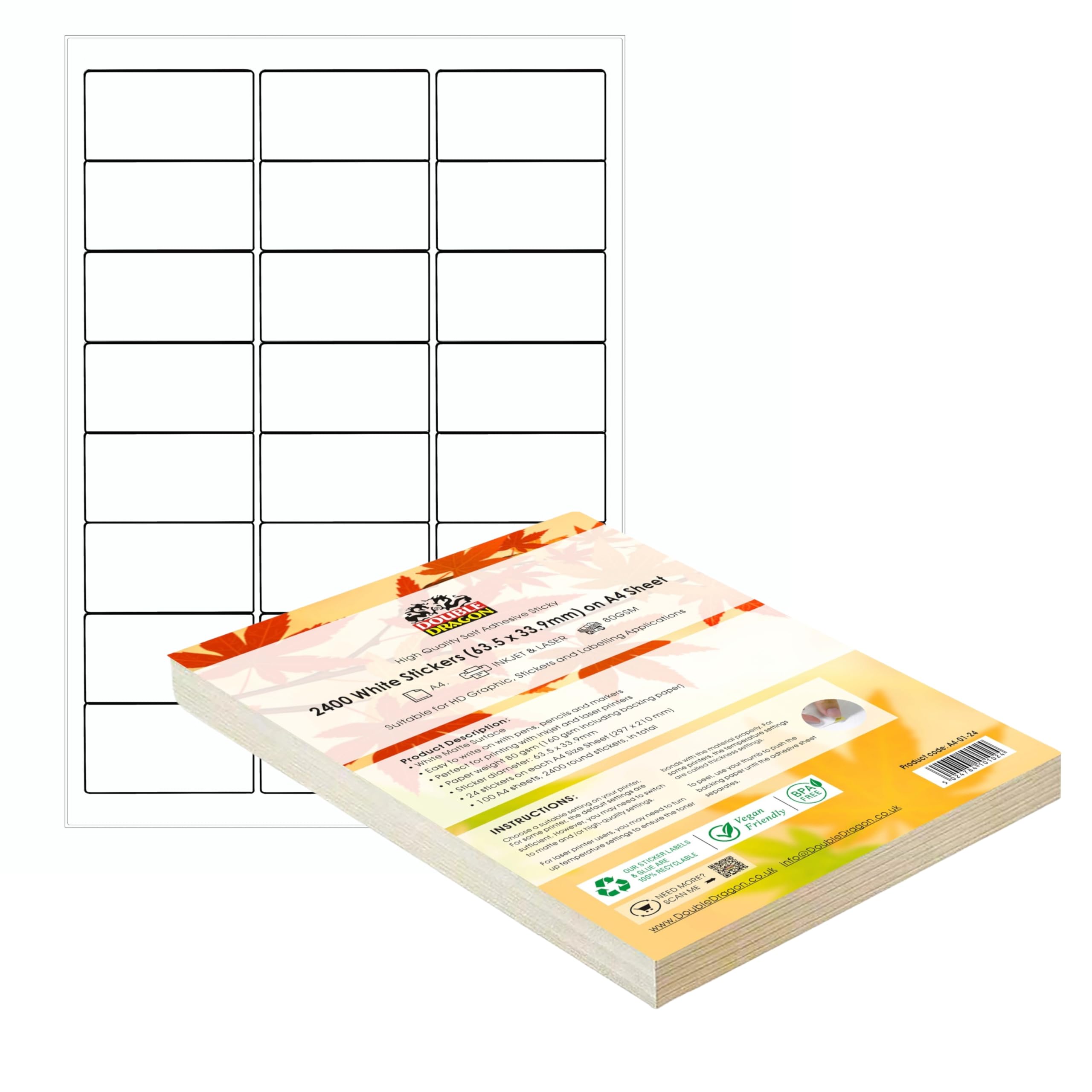 Double Dragon A4 Printer Labels - 2400 Stickers | 63.5 x 33.9mm | Matte White | Compatible with Inkjet & Laser 1