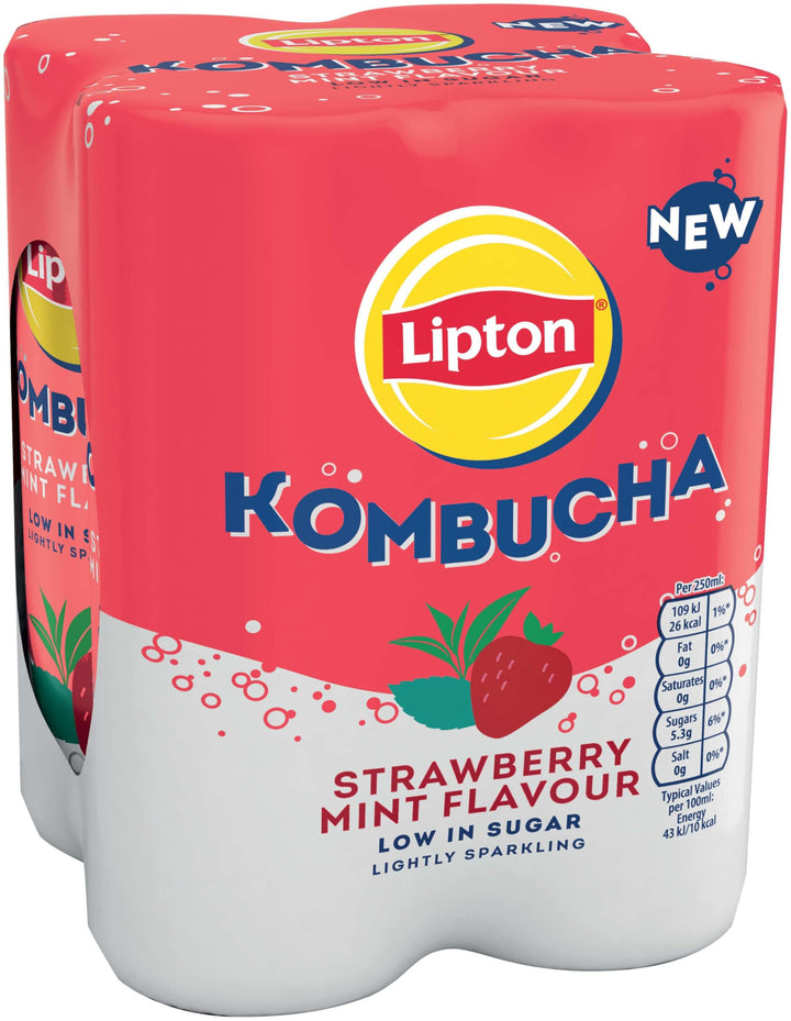 Lipton Kombucha Strawberry & Mint Flavored Tea Drink, 250ml (Pack of 4)