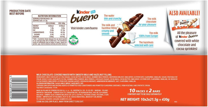 Kinder Bueno Milk Chocolate & Hazelnuts Multipack, 10 x 43g (430g) – Individually Wrapped Chocolate Bars with Crispy Wafer and Creamy Hazelnut Filling