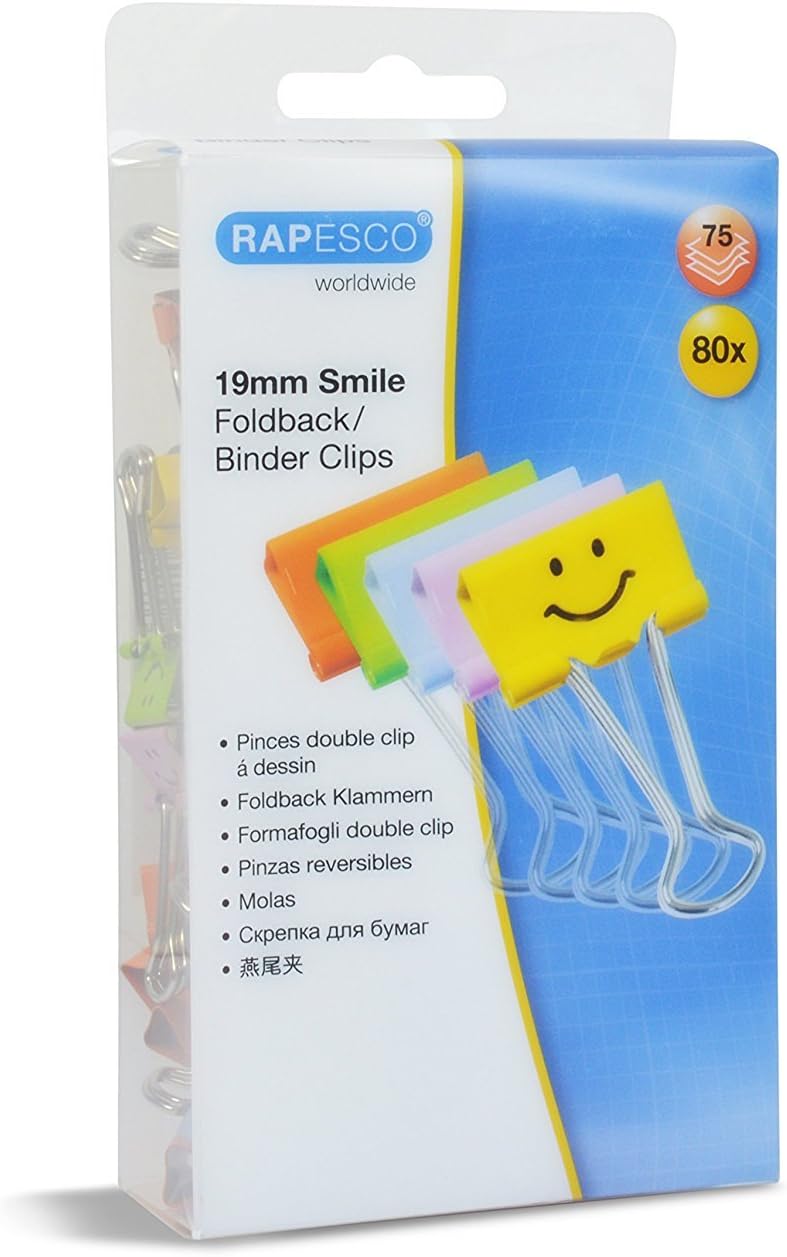 Rapesco 1428 19 mm Smiles Foldback Clips, Assorted Colours, Pack of 80 3