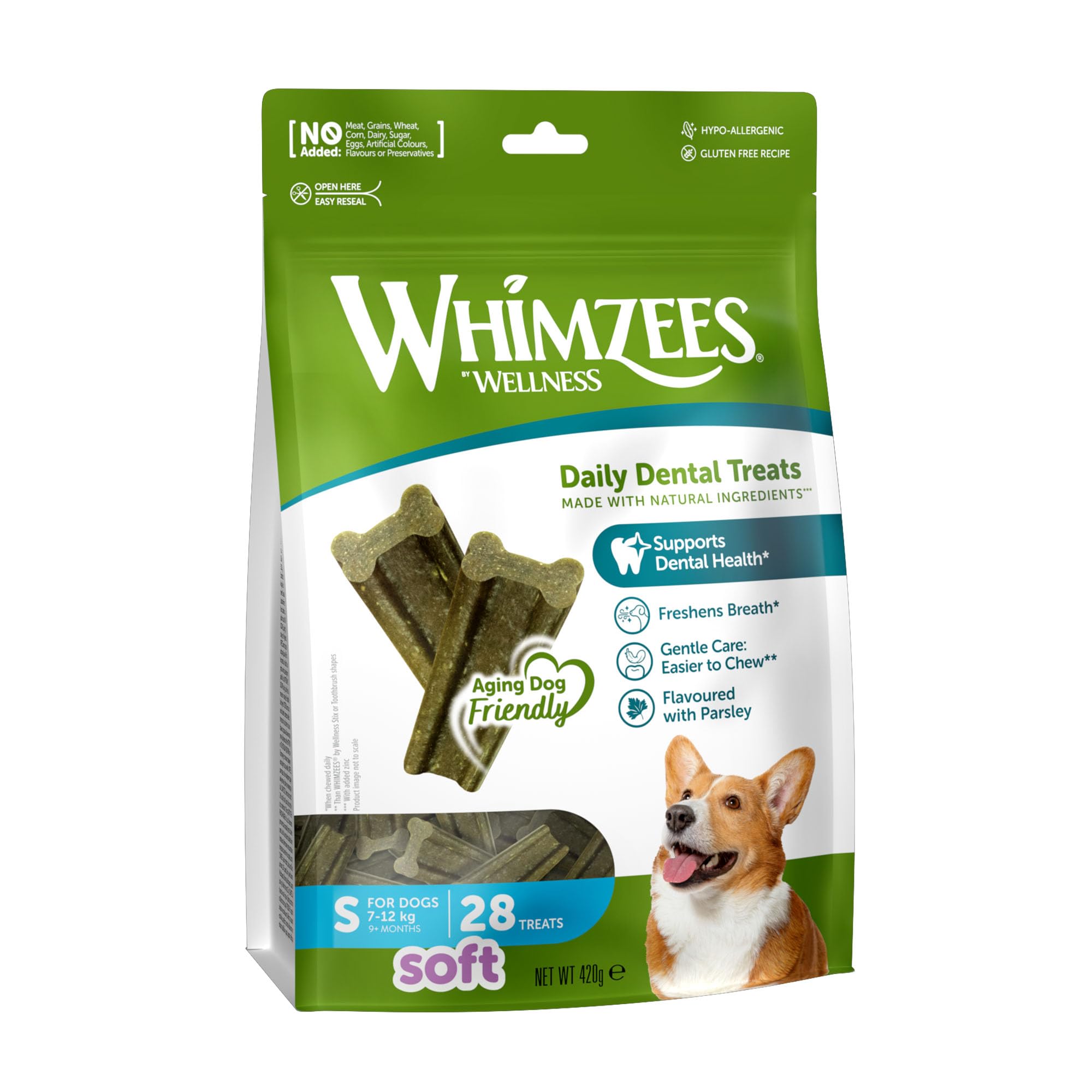 WHIMZEES Softer Dog Dental Stix - Size S, 28 Count | 35% Softer Chews for Seniors | Parsley Flavored