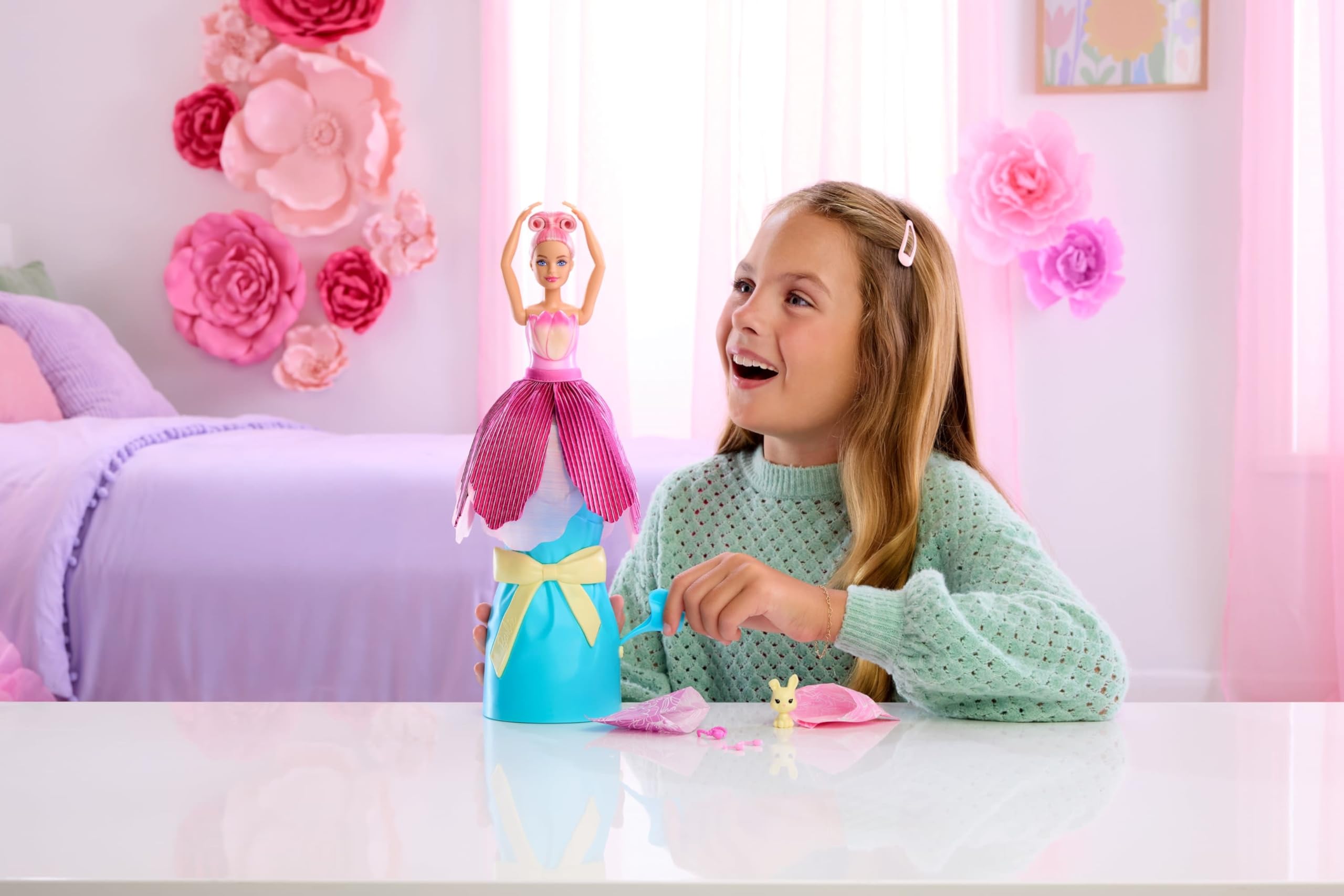 Barbie Petal Pop Scented Doll with Pink Tulip Dress & Accessories, Model JMF57 | Ages 3+ 2