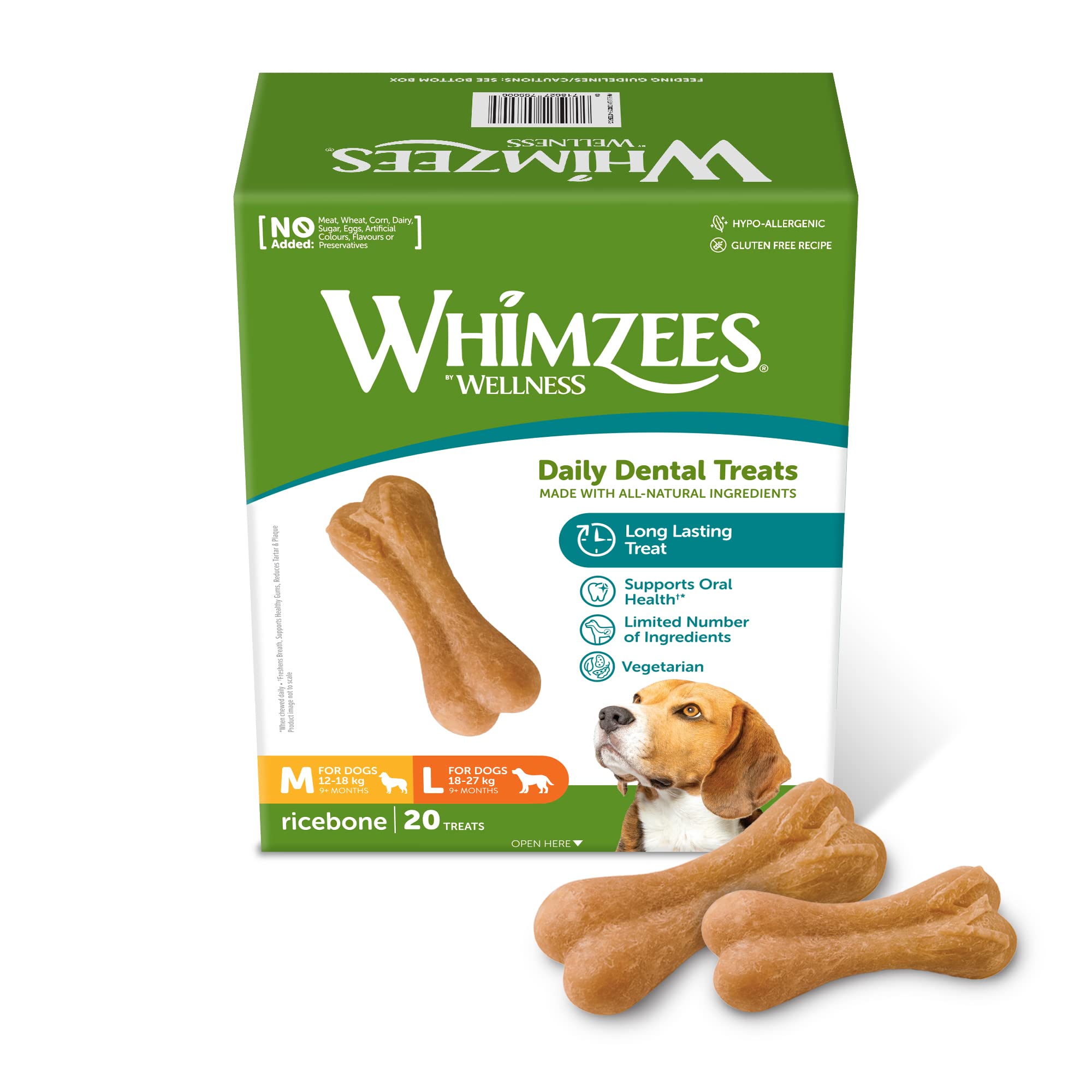 WHIMZEES Rice Bone Dental Sticks for Medium/Large Dogs, Potato Flavor, 20 Count