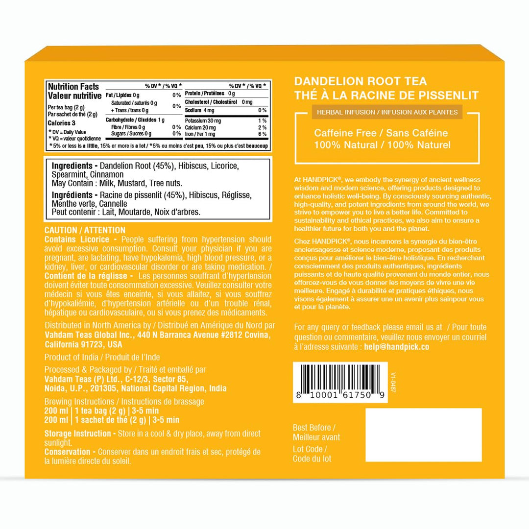 HANDPICK Dandelion Root & Leaf Tea Bags (100 Herbal Tea Bags) Caffeine-Free