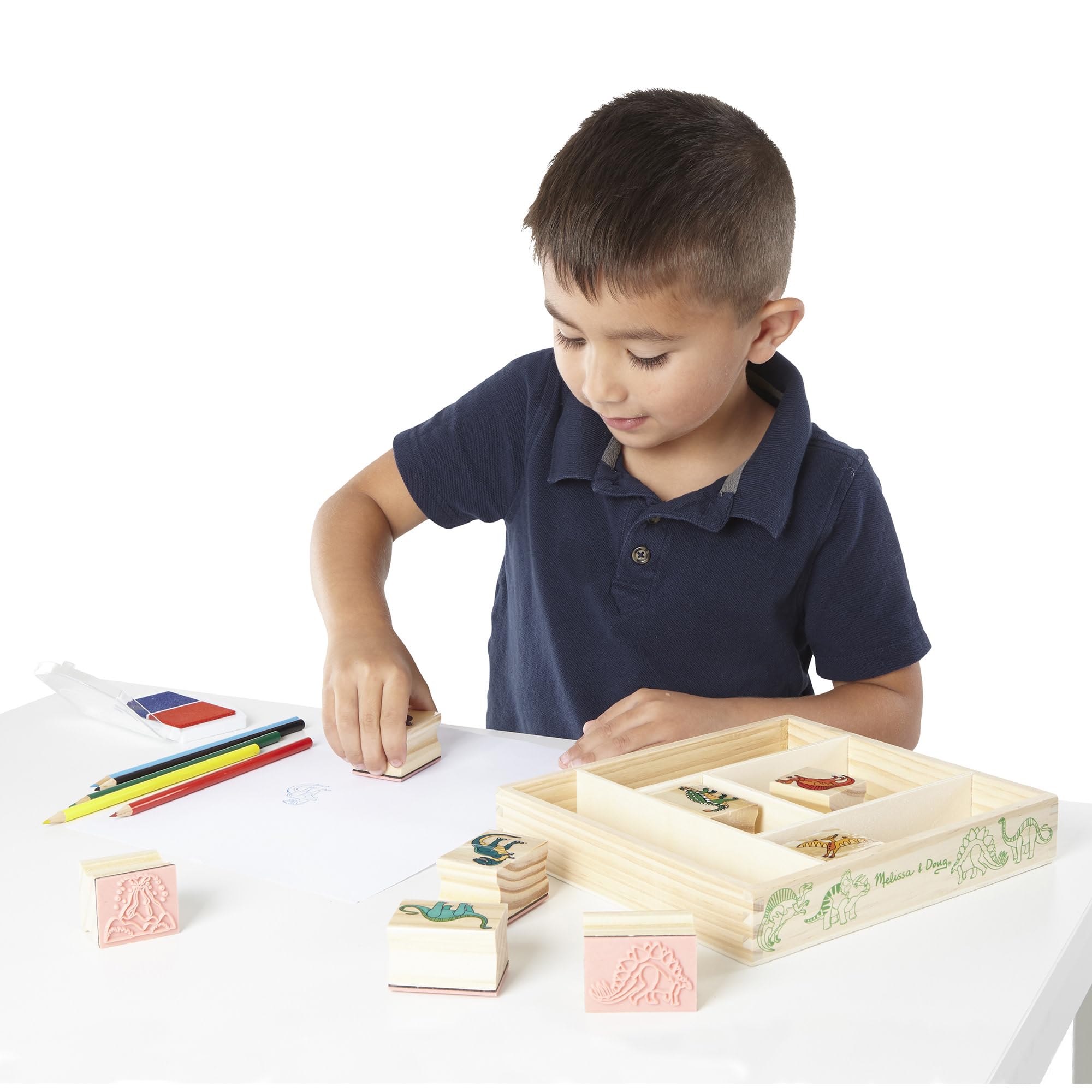 Melissa & Doug Dinosaur Stamp Set - 8 Stamps, 2-Color Inkpad & Colored Pencils, Ages 4+ 14