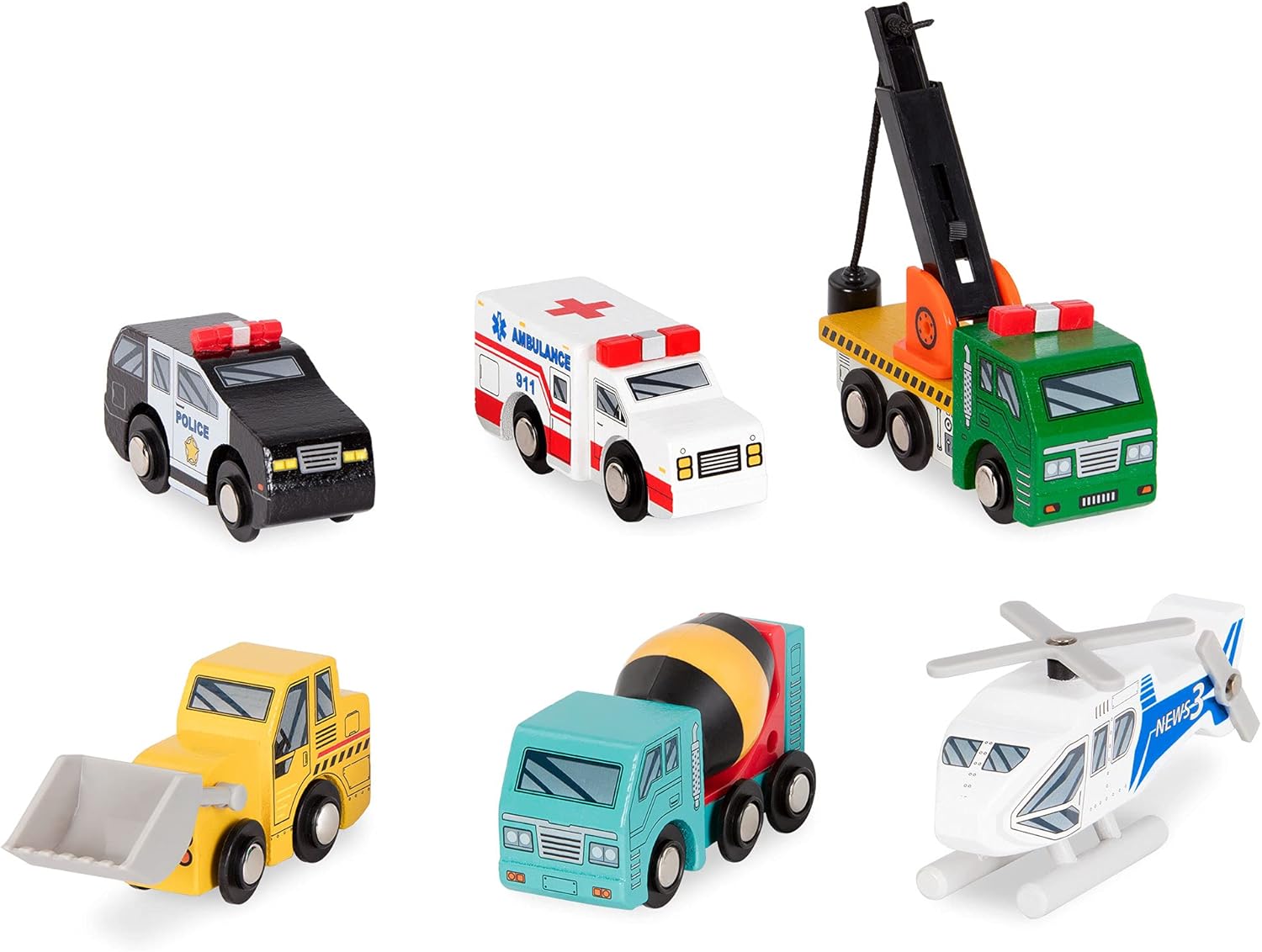 Battat Wooden Vehicles Set - 6pc Rescue & Construction Toy Playset for Kids 3+