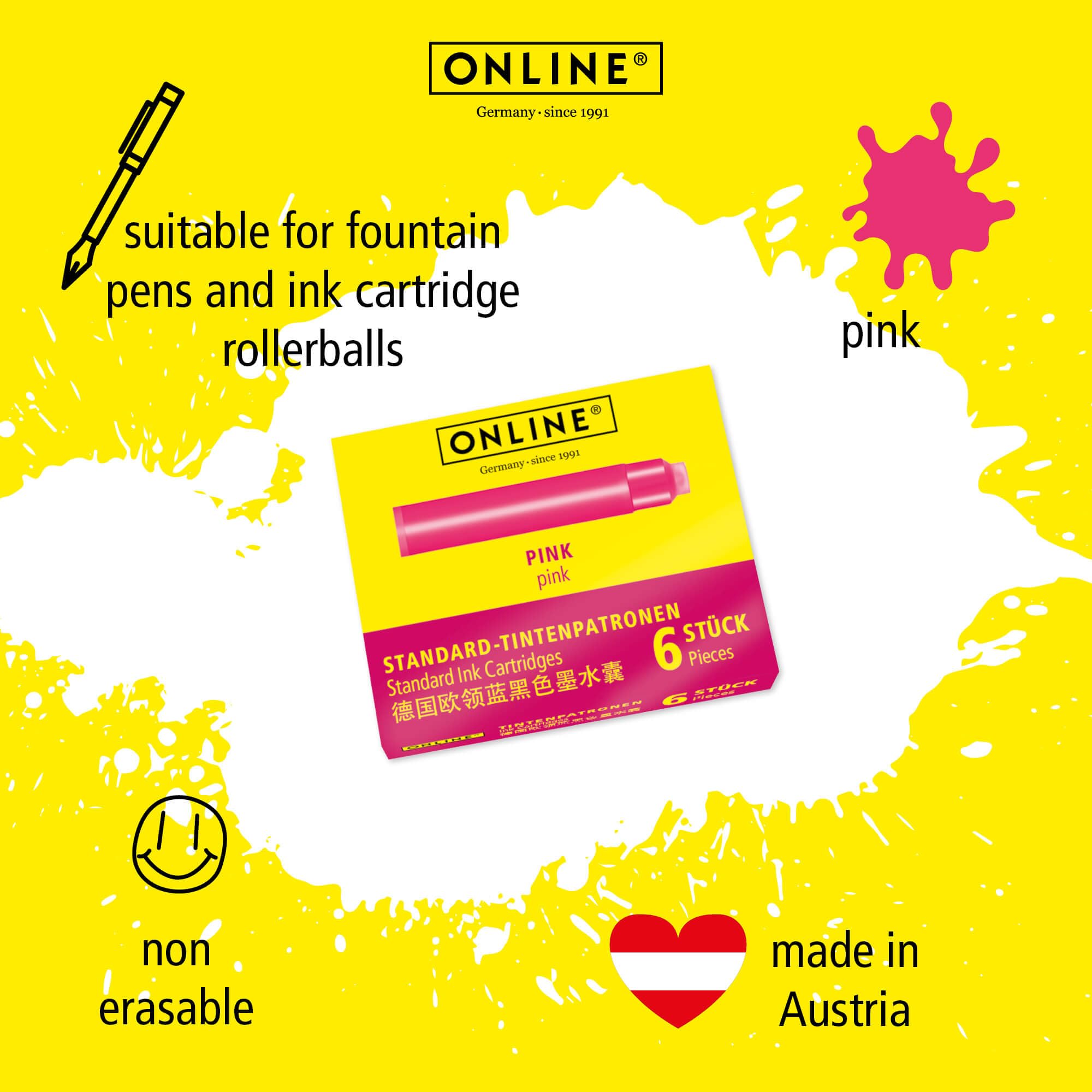 Online Standard Fountain Pen Ink Cartridges - Universal Fit, Pink Color | 6 Pack 3