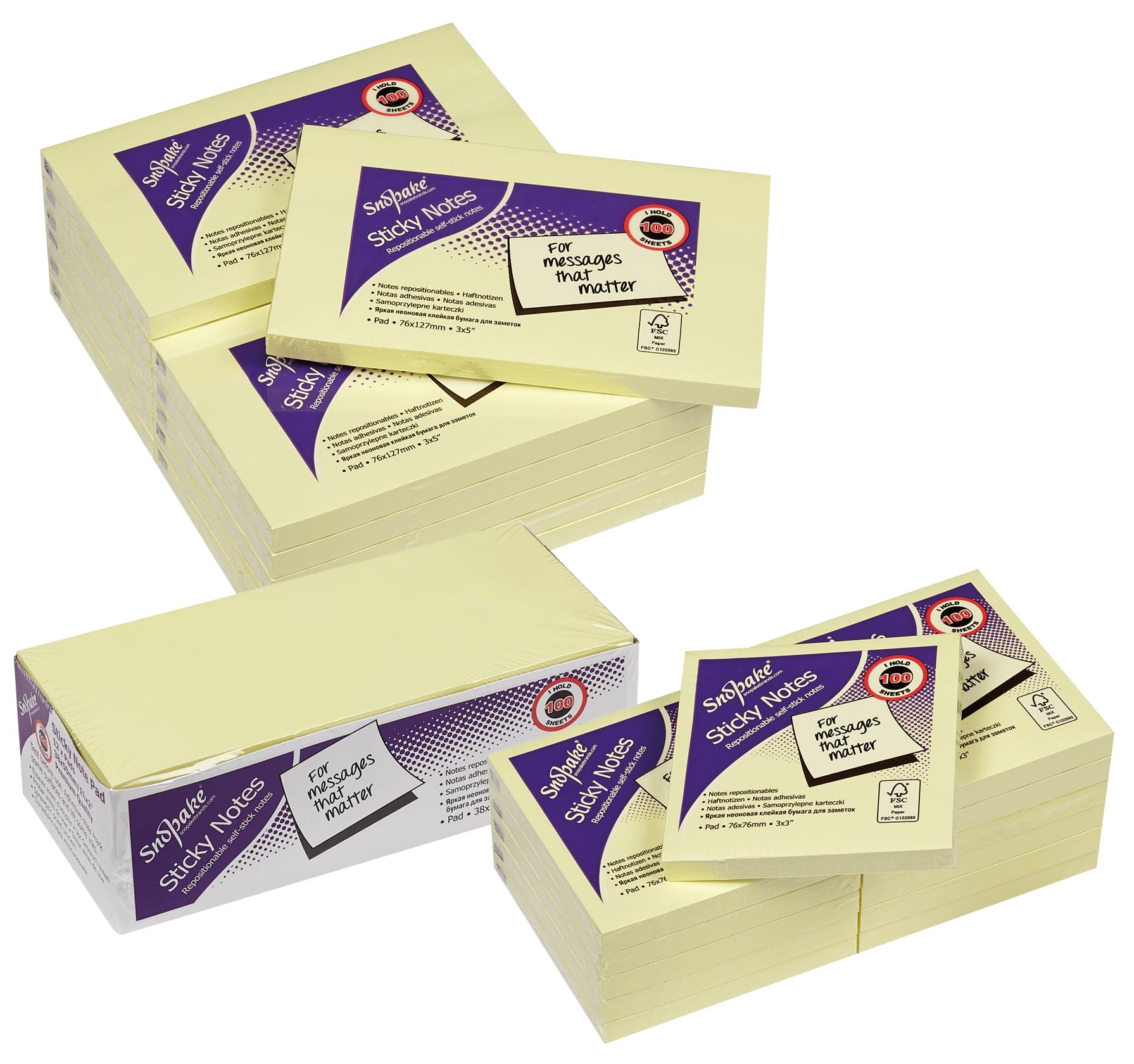 Snopake Yellow Self-Stick Notes - 76 x 76 mm | 12 Pads of 100 Sheets | Repositionable