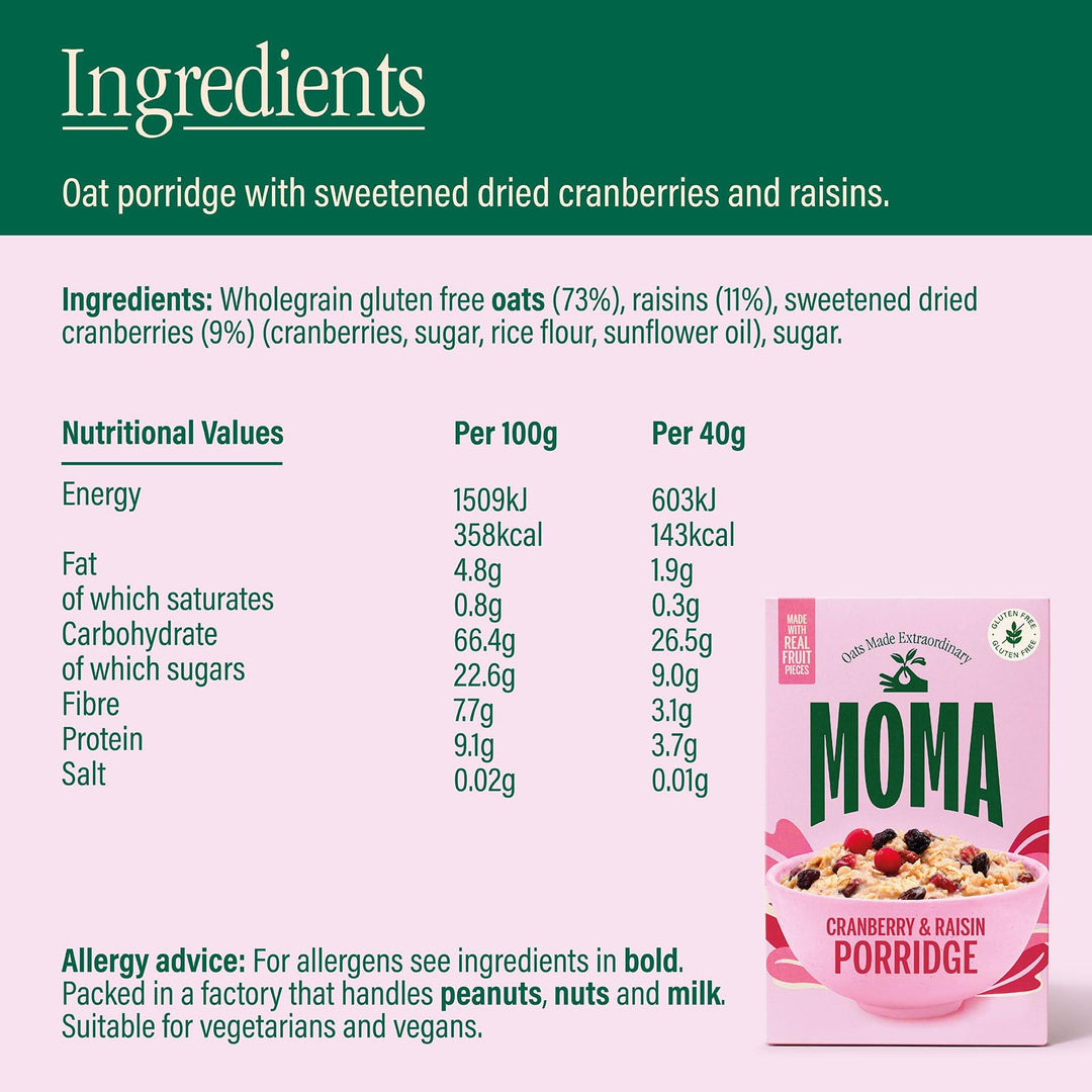 MOMA Cranberry & Raisin Porridge Sachets - 6 x 40g - Made with British Oats