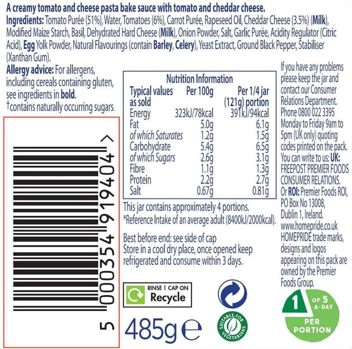 Homepride Creamy Tomato & Cheddar Pasta Bake Sauce, No Added Sugars, 485g