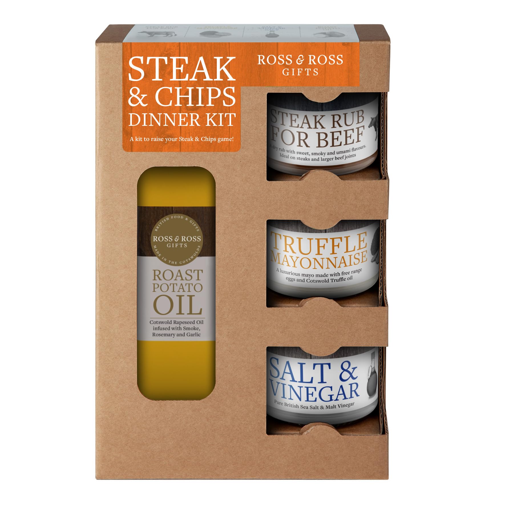 Ross & Ross Gifts - Steak and Chips Quad Kit with Roast Potato Oil, Steak Rub, Salt & Vinegar Salt, Truffle Mayonnaise 1