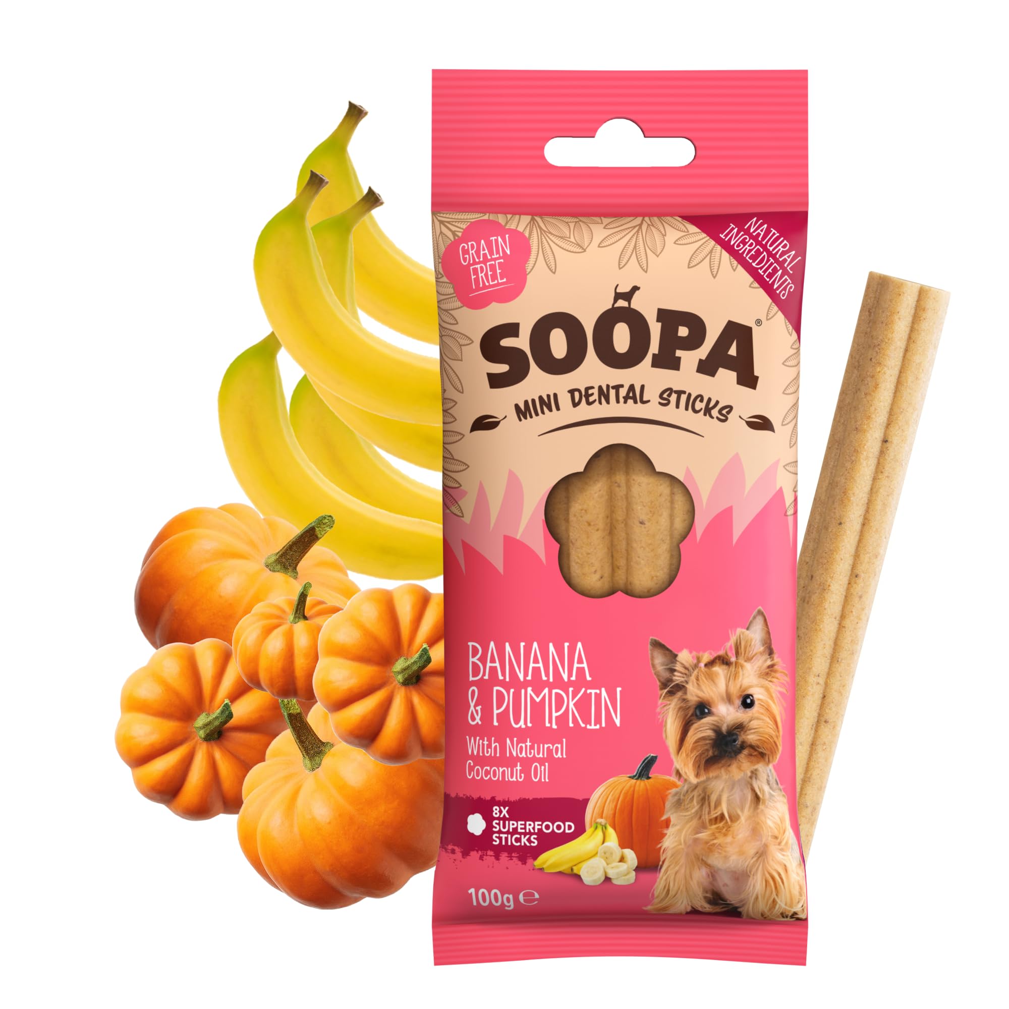 Soopa MINI Dental Sticks - Banana & Pumpkin Flavor | 100g Bag | Hypo-Allergenic