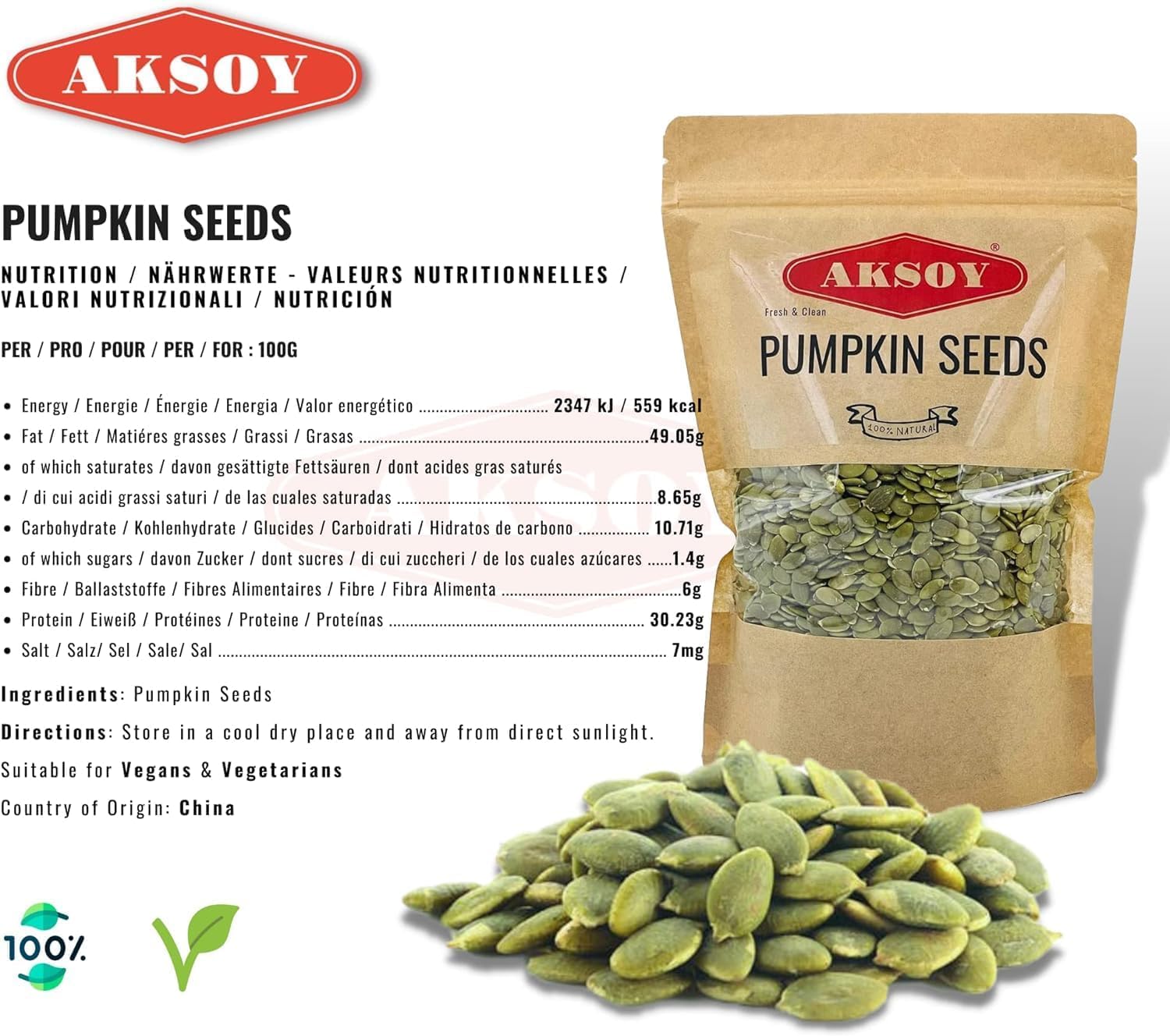 AKSOY Raw AA Grade Pumpkin Seeds - Premium Quality, GMO-Free, Vegan | 1kg 2