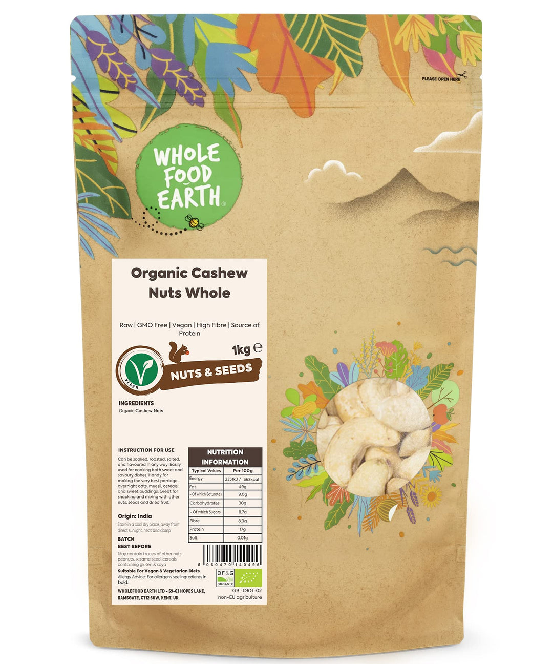 Wholefood Earth Organic Cashew Nuts Whole – 1 kg | Raw | GMO Free | Vegan