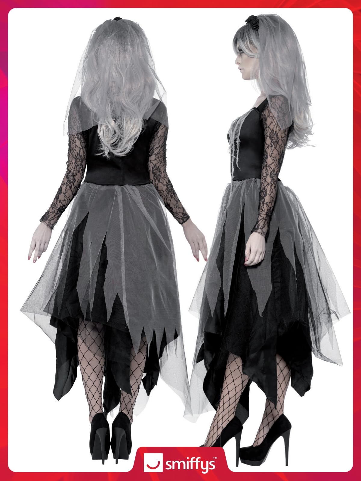Smiffys Graveyard Bride Costume - Adult Women's Fancy Dress with Rose Veil 5