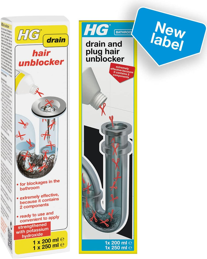 HG - Drain and Plug Hair Unblocker, 200ml + 250ml Dual Formula for Showers, Sinks, Baths & Toilets