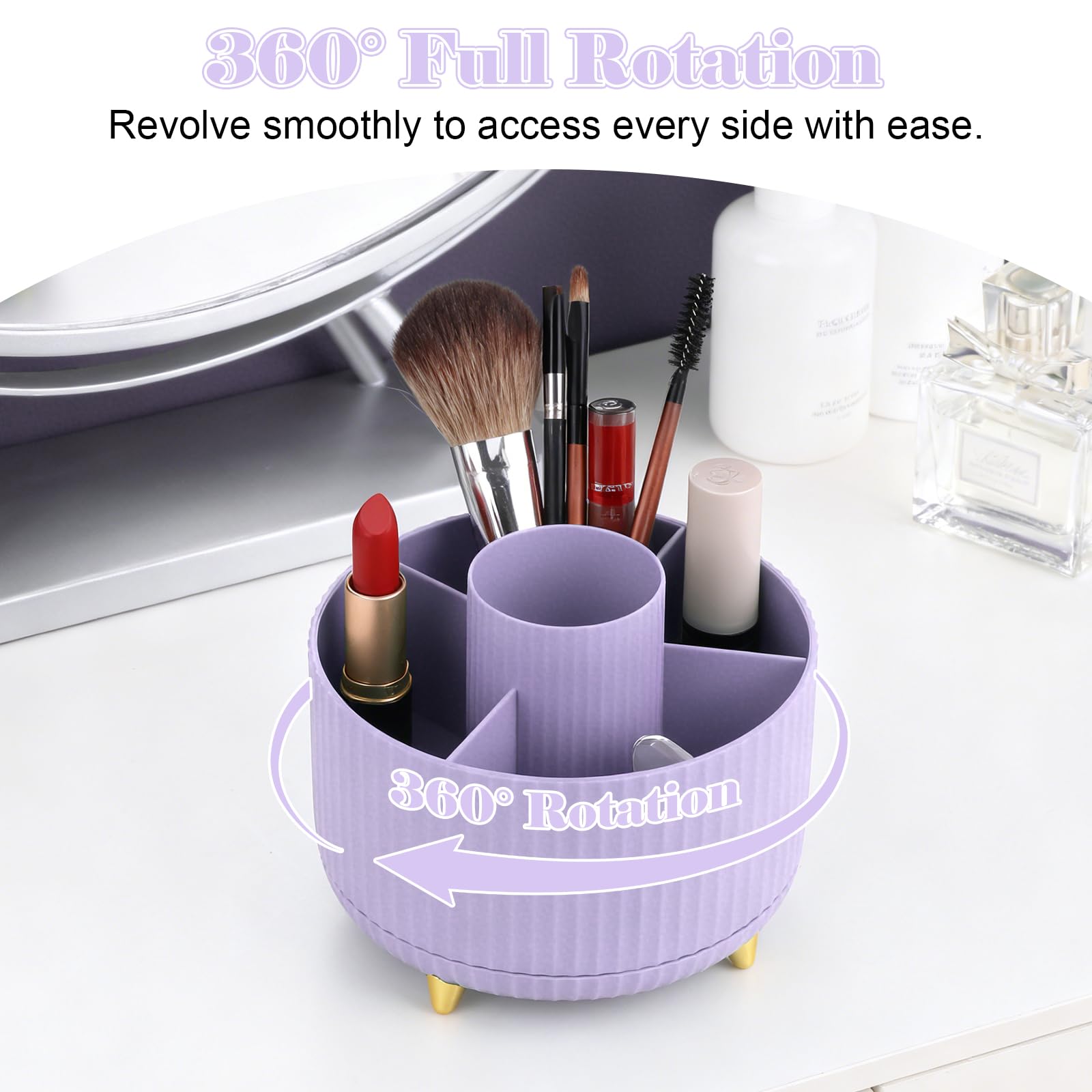 Lychico Desk Organiser - 360° Rotating Pencil Cup with 5 Compartments | Plastic | Purple 5