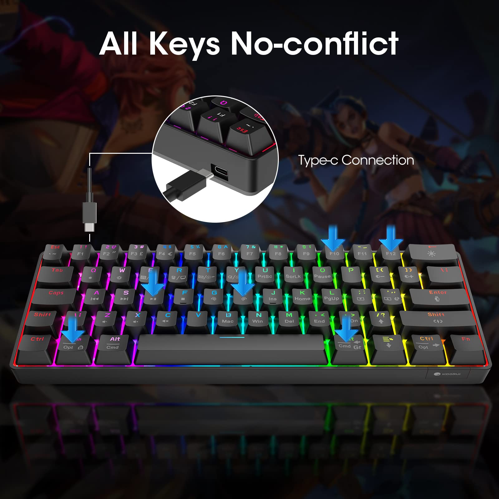 KOORUI MK061 60% Mechanical Gaming Keyboard - Red Switch, RGB Backlit, Hot-Swappable, Wired Compact Keyboard for PC & Mac 4