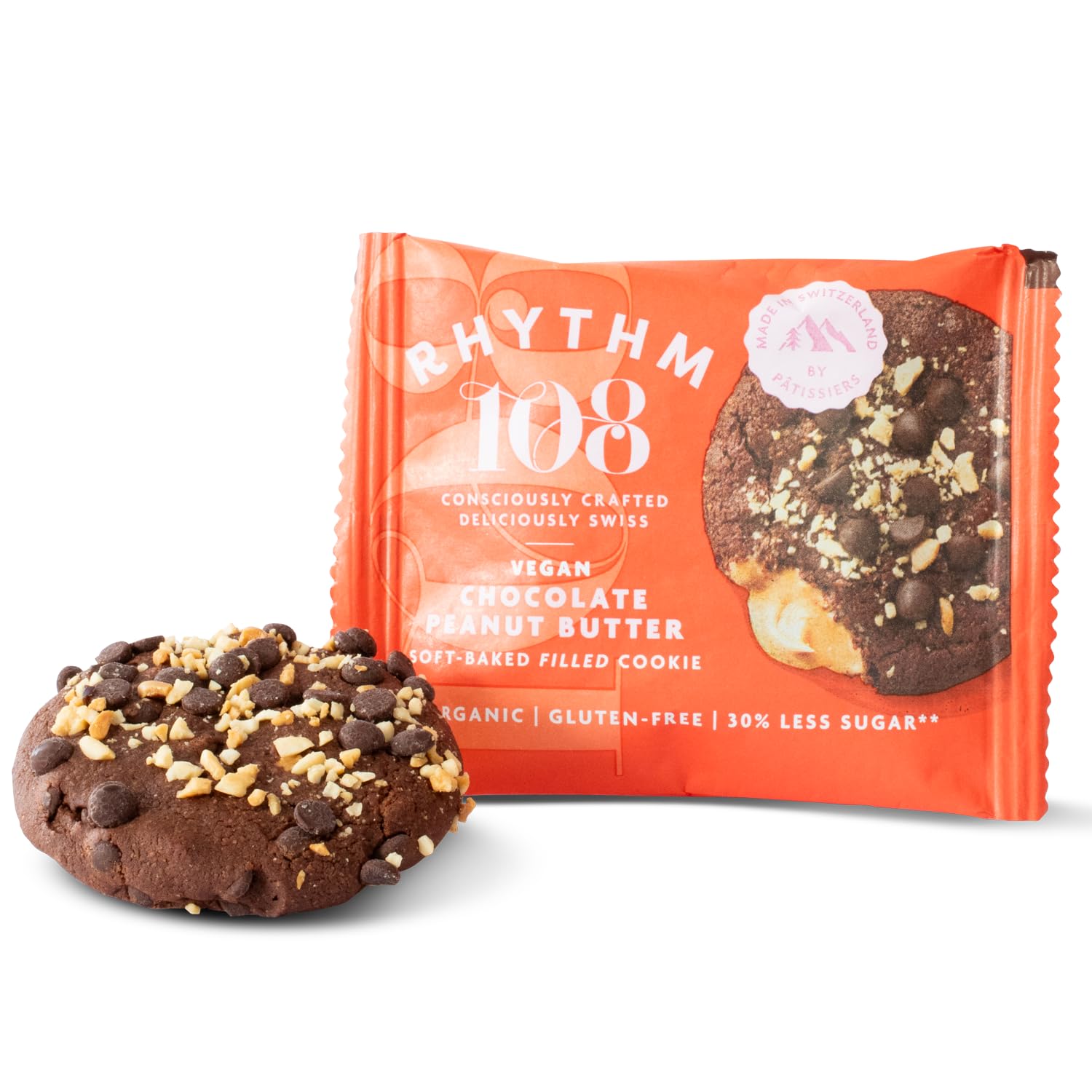 Rhythm 108 Swiss Organic Vegan Chocolate Peanut Butter Soft-Baked Filled Cookies | 50g Pack of 12