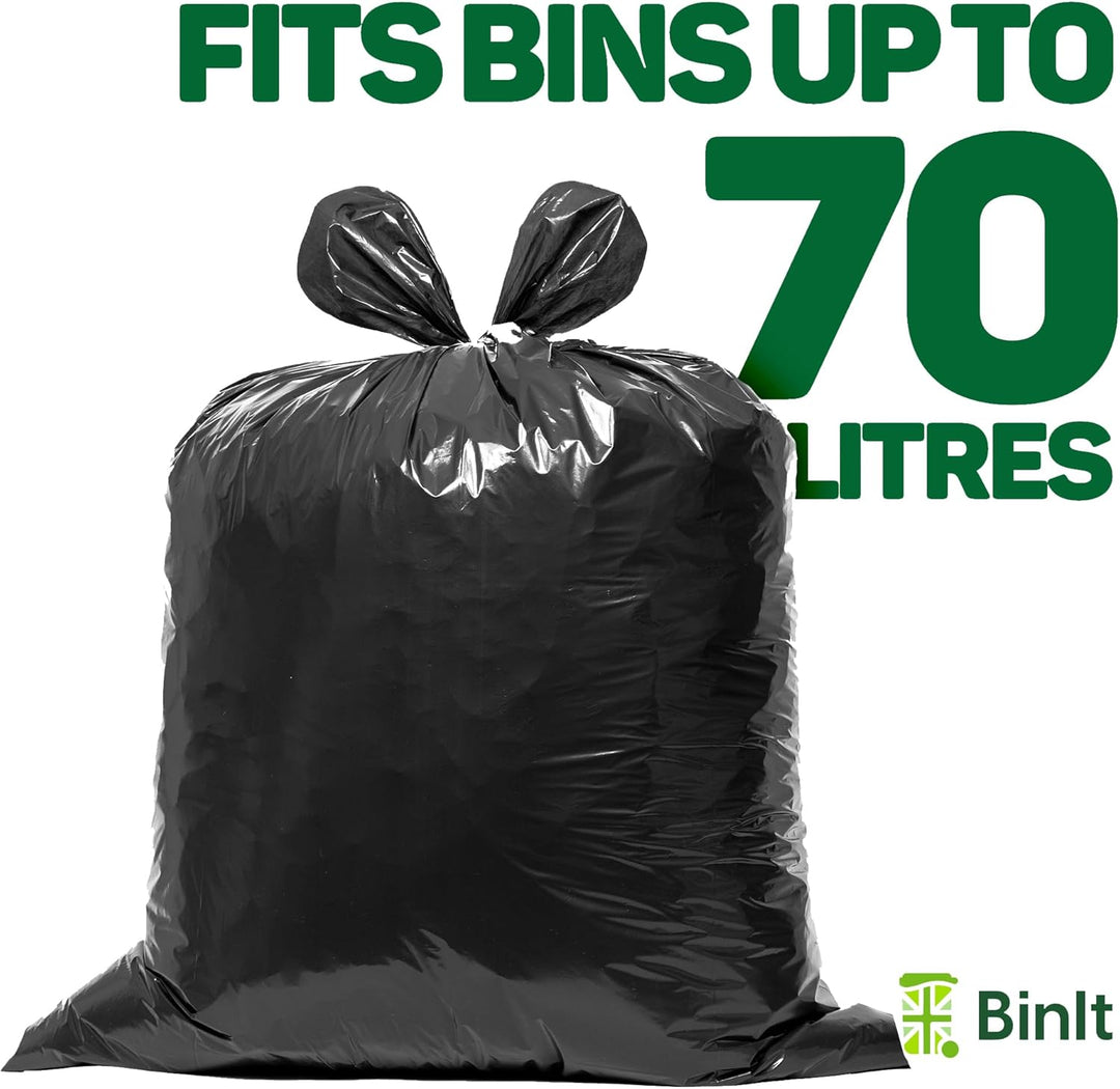 BIN IT 70L Tie Top Bin Liners, 100% Recycled Leak-Resistant Refuse Sacks for Home, Office & Garden