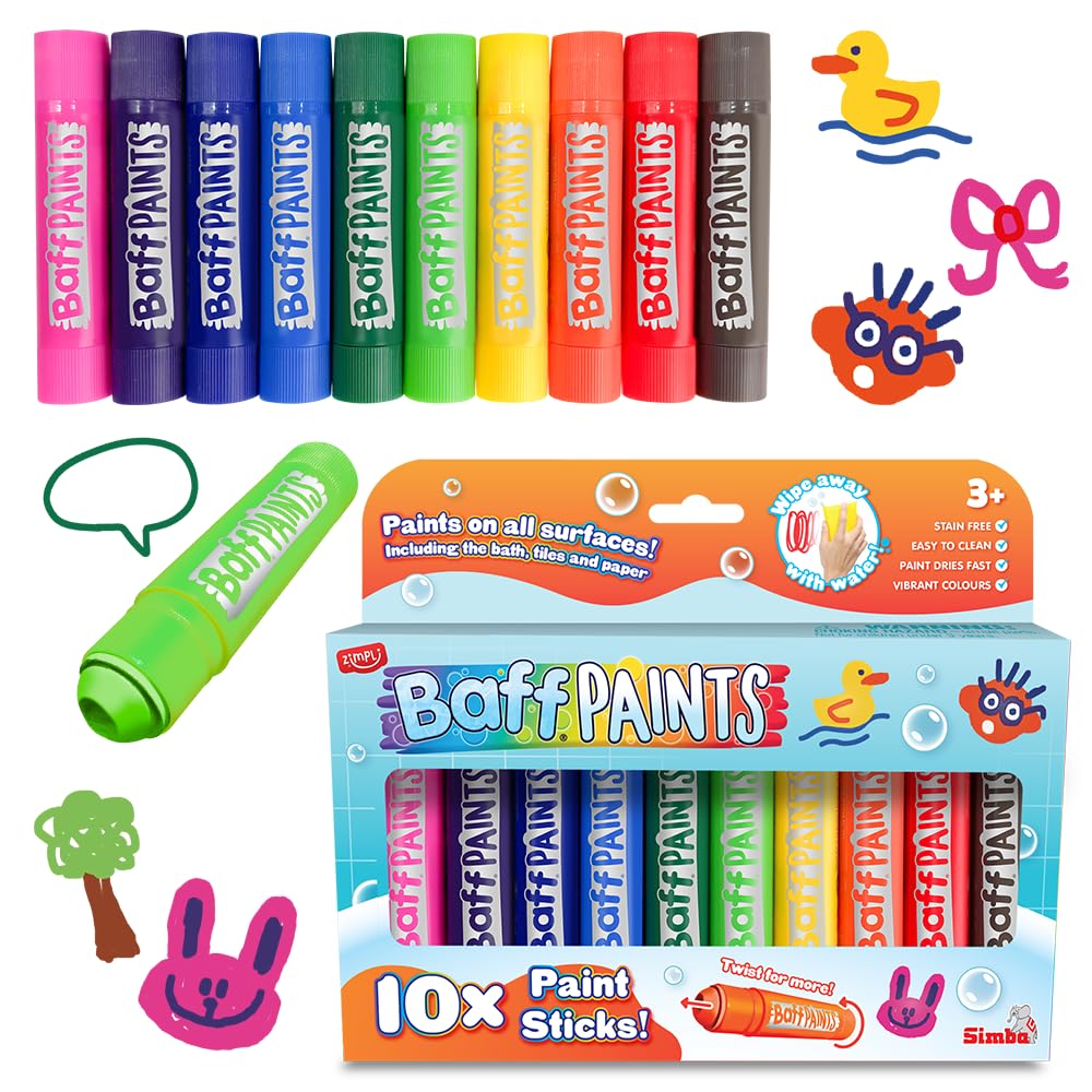 ZIMPLI 10 Count Large Baff Paint Sticks - Stain Free Bath Crayons for Kids | Water Repellent | Multicolor 1