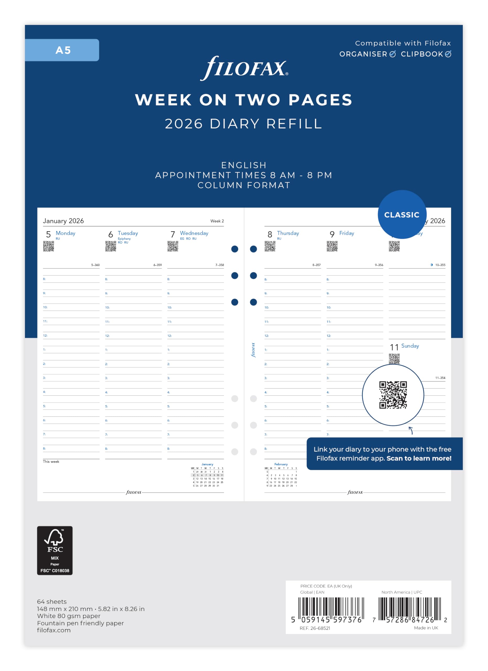 Filofax A5 2026 Diary Refill | Week on Two Pages Column Format | Model 26-68521