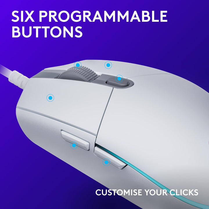 Logitech G203 LIGHTSYNC Gaming Mouse - 8K DPI, 6 Programmable Buttons, RGB Lighting, Lightweight Design - White