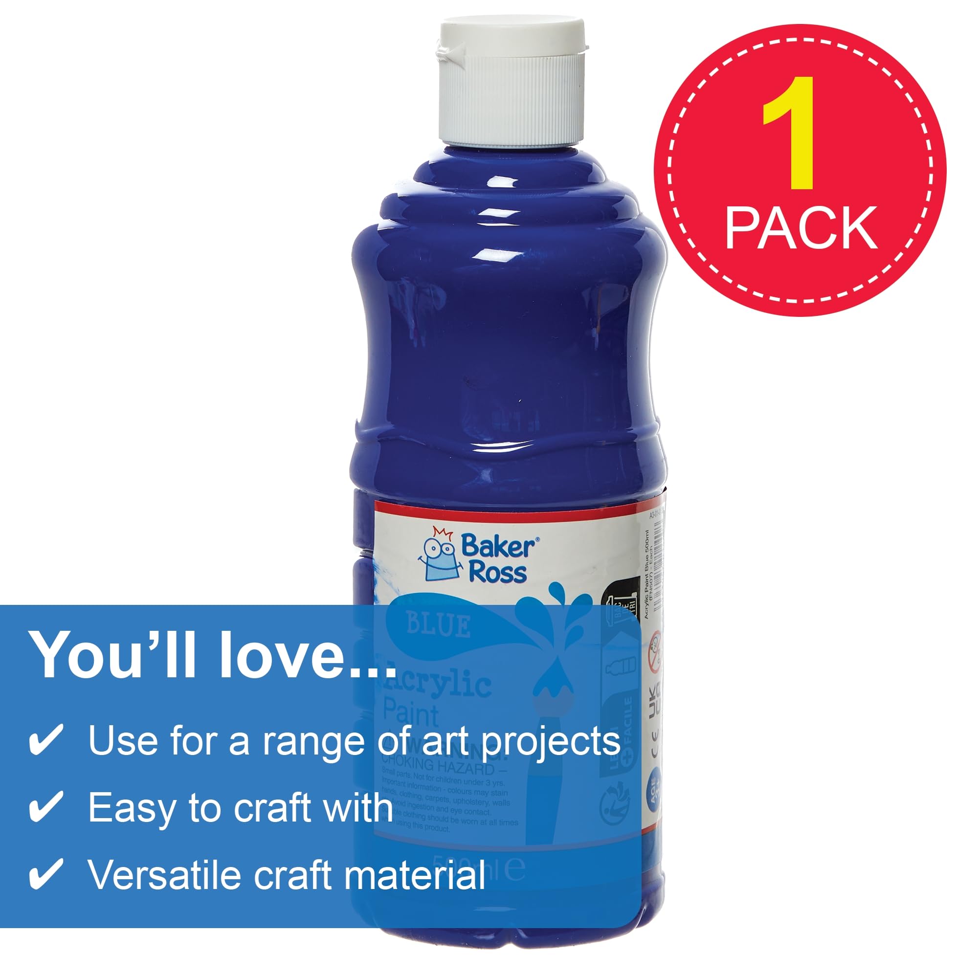 Baker Ross Blue Acrylic Paint - Water-Based Washable Formula | 500ml Bottle