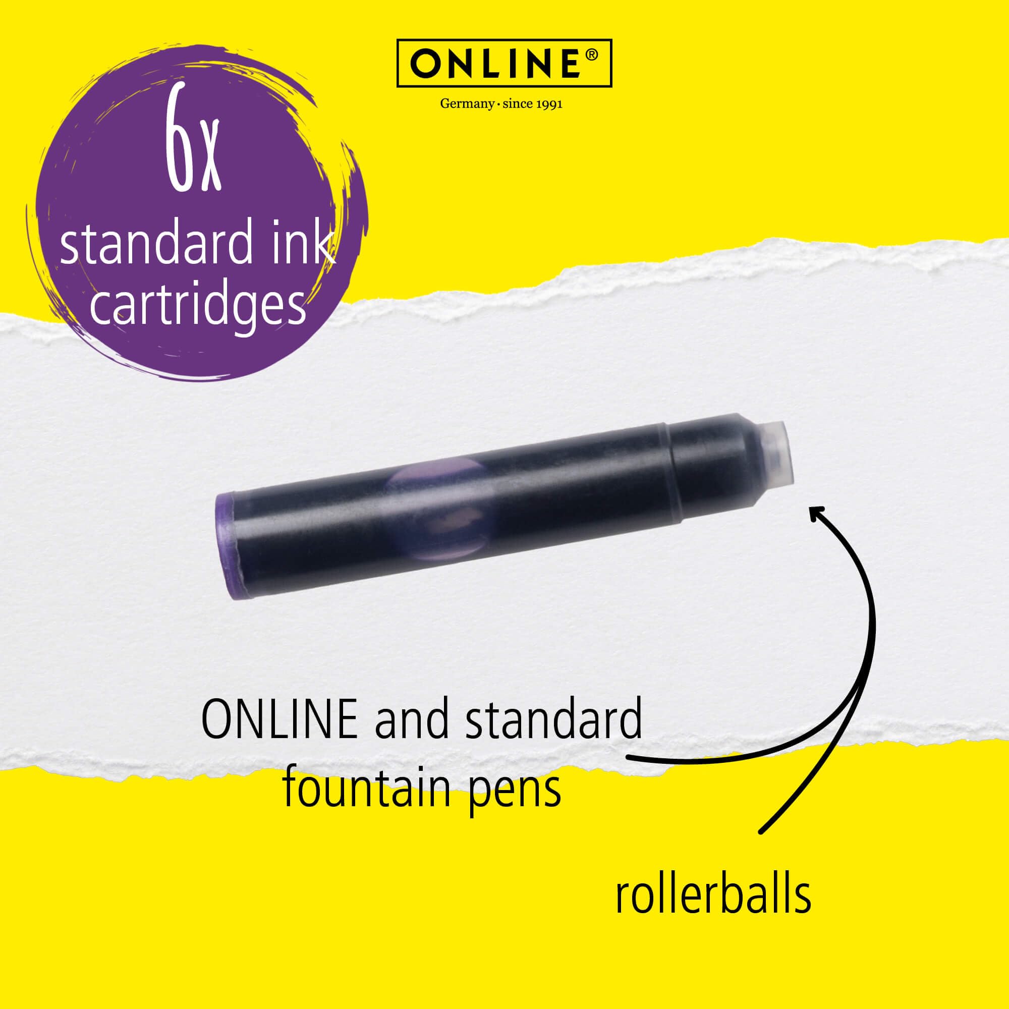 Online Standard Fountain Pen Ink Cartridges - Universal Fit, Lilac, 6 Pack 2