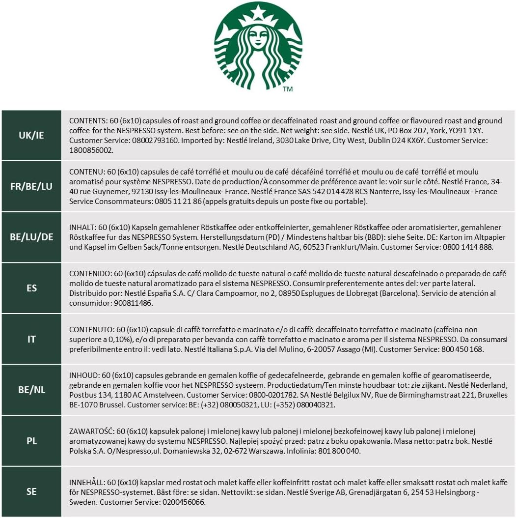 STARBUCKS - Breakfast Blend Medium Roast Coffee Capsules, 60 Capsules (6 x 10) for Nespresso Machines